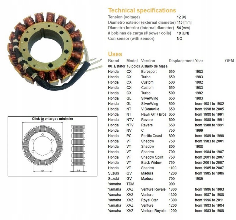 Vinutie Alternátora Stator Honda CX 500/650 '82-'83; Gl 500/650 '81-'83