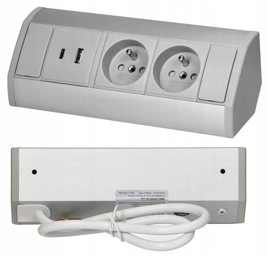 Stolní zásuvka nábytková 2-násobná s čepem 2xUSB typ A+c 2,4A šedo-stříbrná