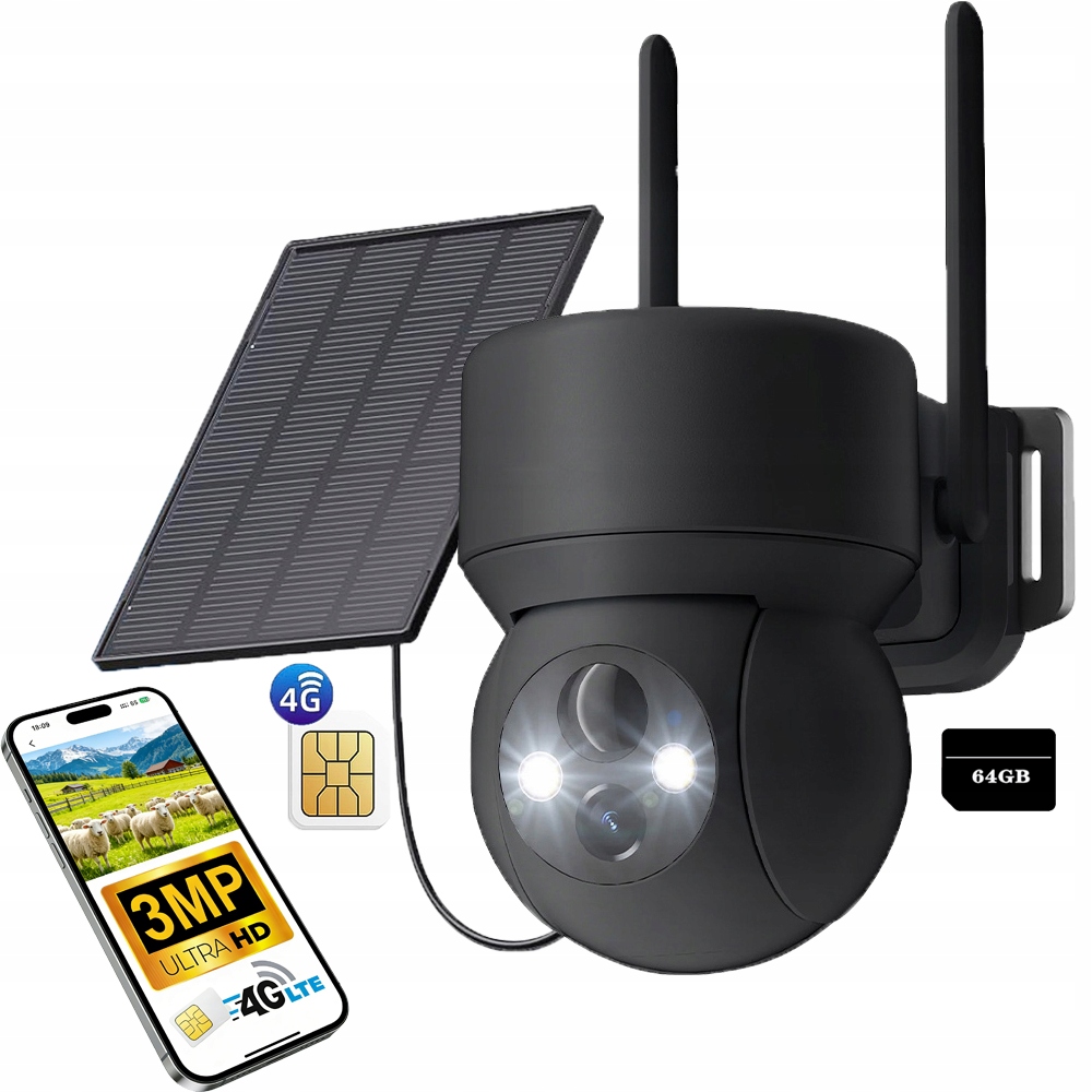 Venkovní kamera na Sim kartu otočná Ip Zoom 3Mpx 4G Lte Ptz s 64GB kartou