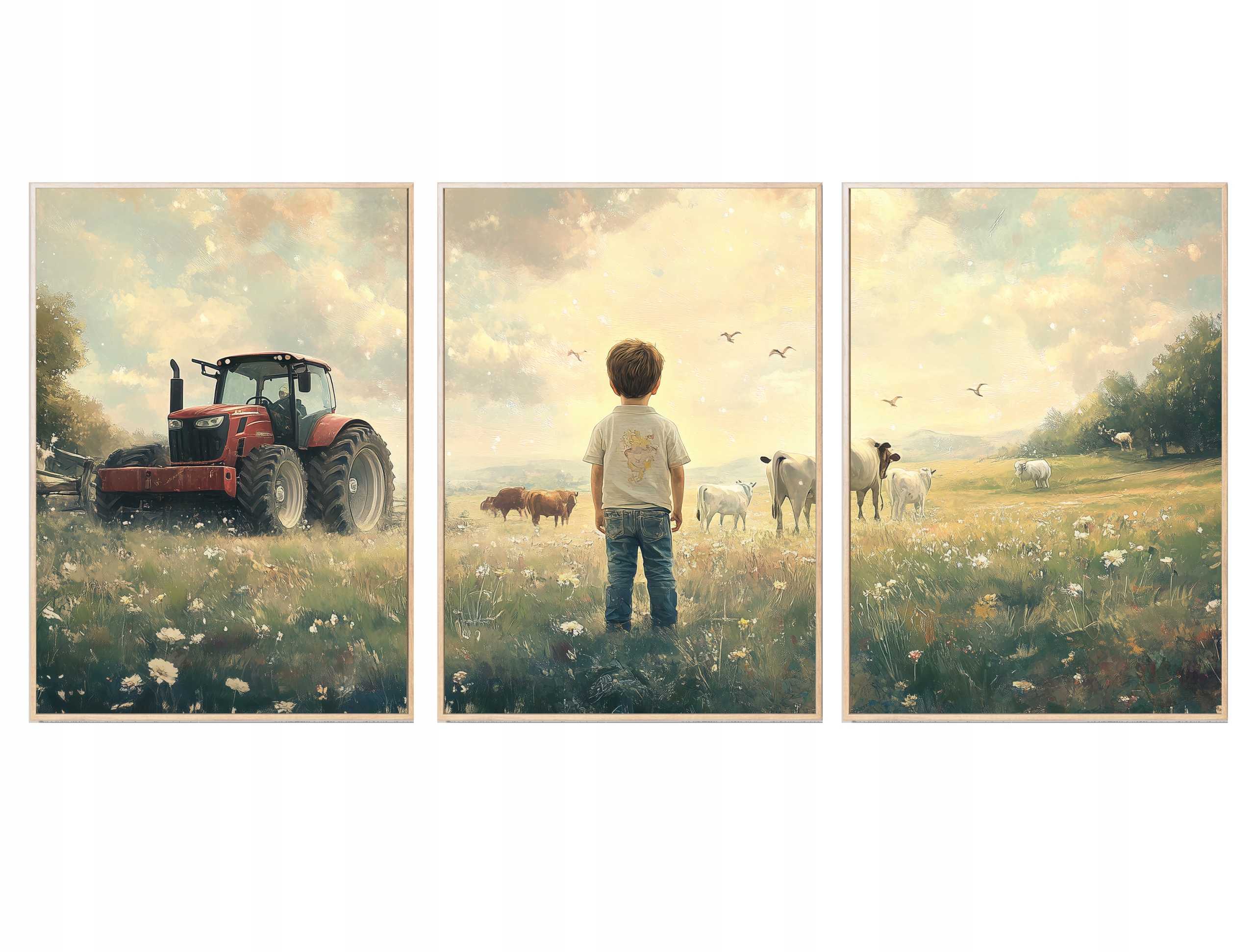 Zestaw 3 plakaty dla chłopca traktor farma A4 wieś zwierzątka, krowy