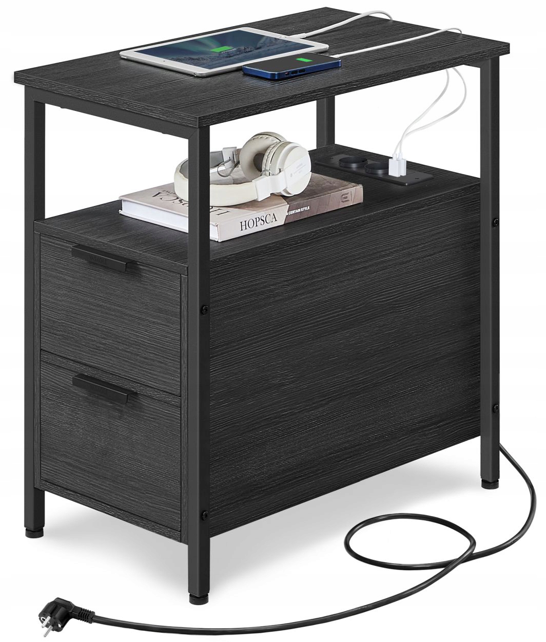 Čierny rustikálny stolík nočná skrinka s napájacou lištou 2 zásuvky Loft