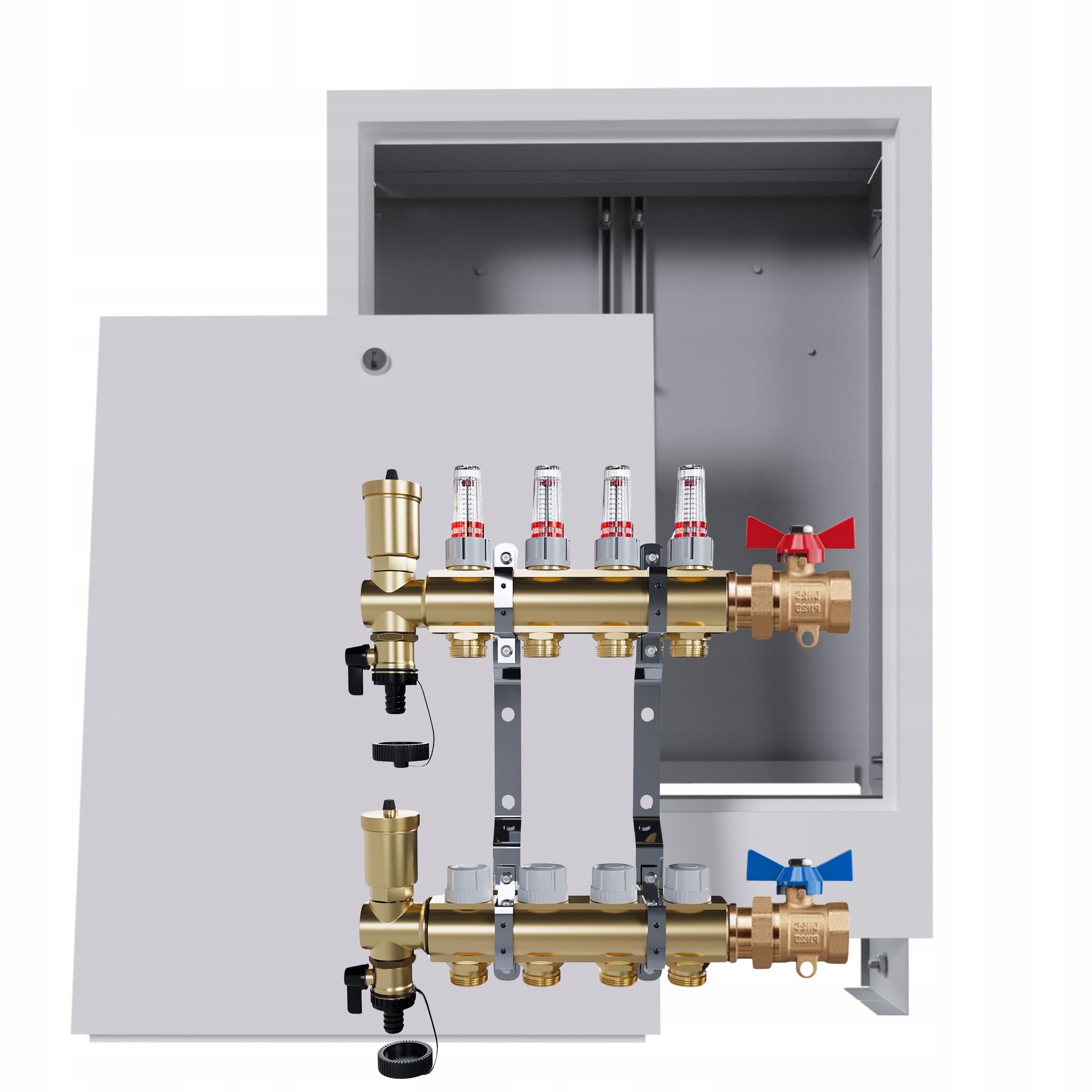 Rozdělovač podlahových krytin mosazný 4 okruhy Podomítková skříňka Jednoduchý ventil