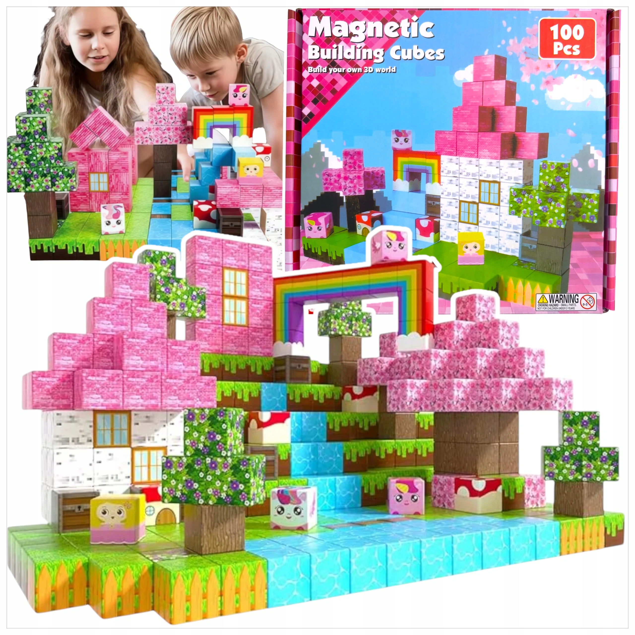 KLOCKI MAGNETYCZNE PIXEL 100 ELEMENTÓW LUDZIK RÓŻOWE KONSTRUKCYJNE XL