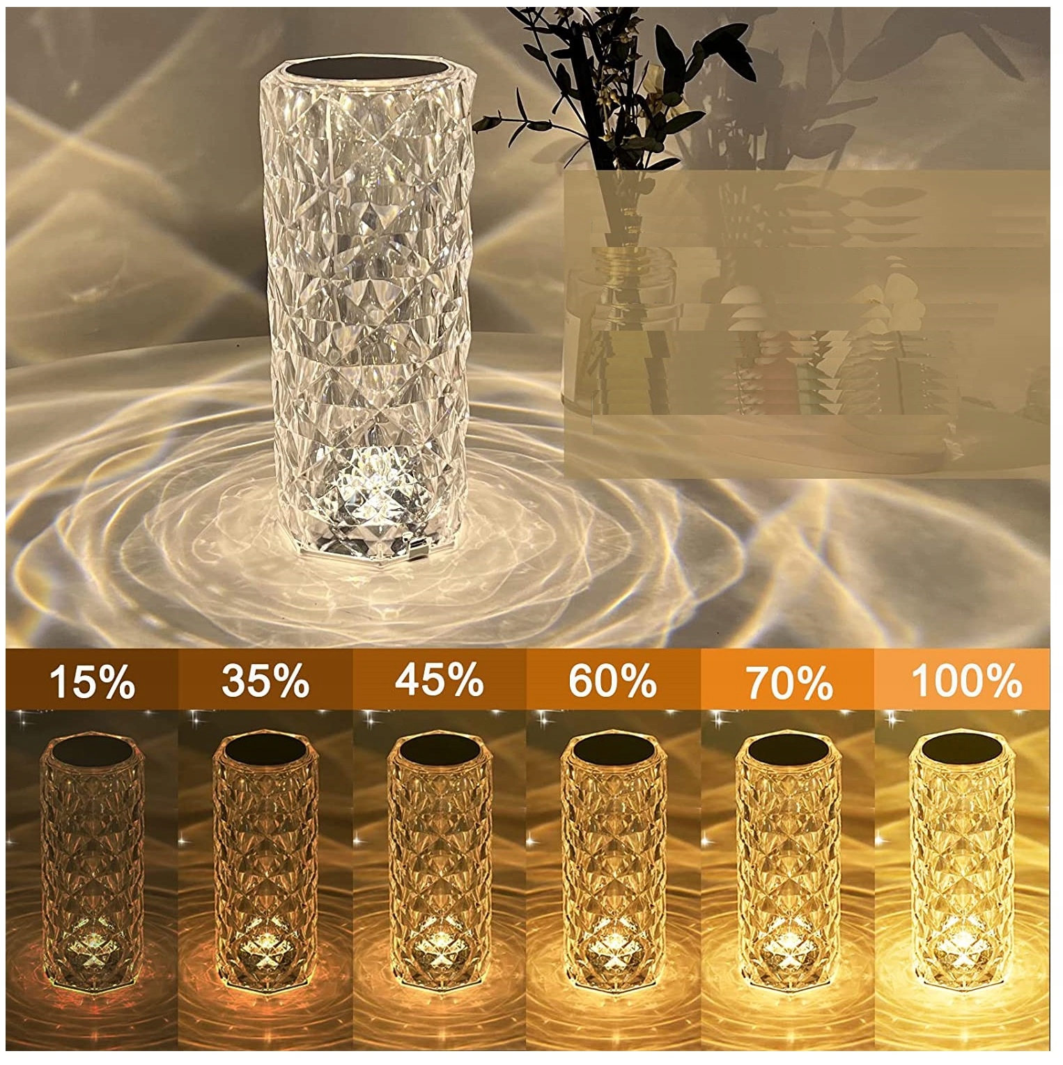 LAMPKA NOCNA LED STOJĄCA DOTYKOWA NOWOCZESNA GLAMOUR KRYSZTAŁOWA PILOT USB Długość/wysokość 21.5 cm