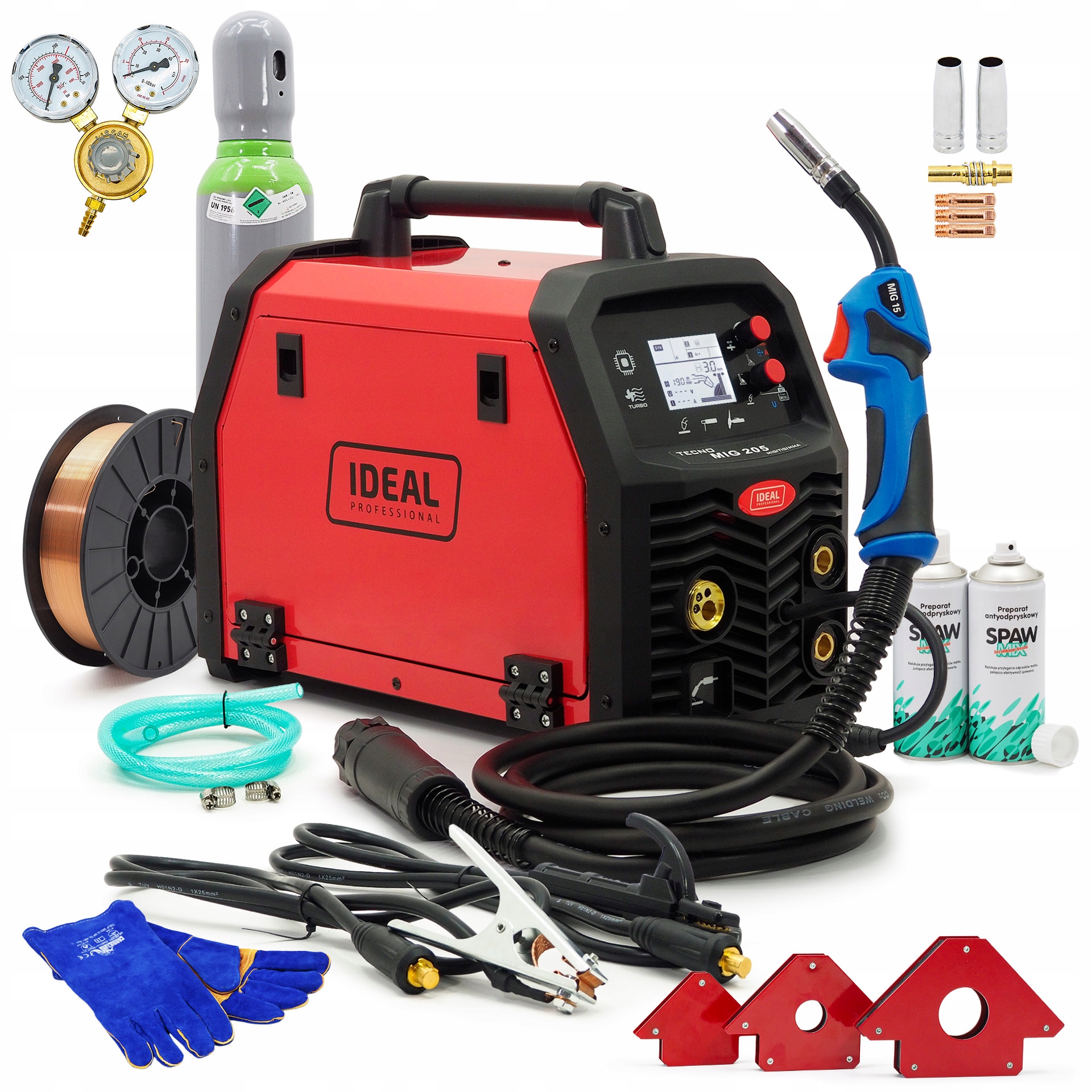 Sada Ideal Tecno Mig 205 LCD Synergie Mma 200A Láhev Reduktor Drát 230V