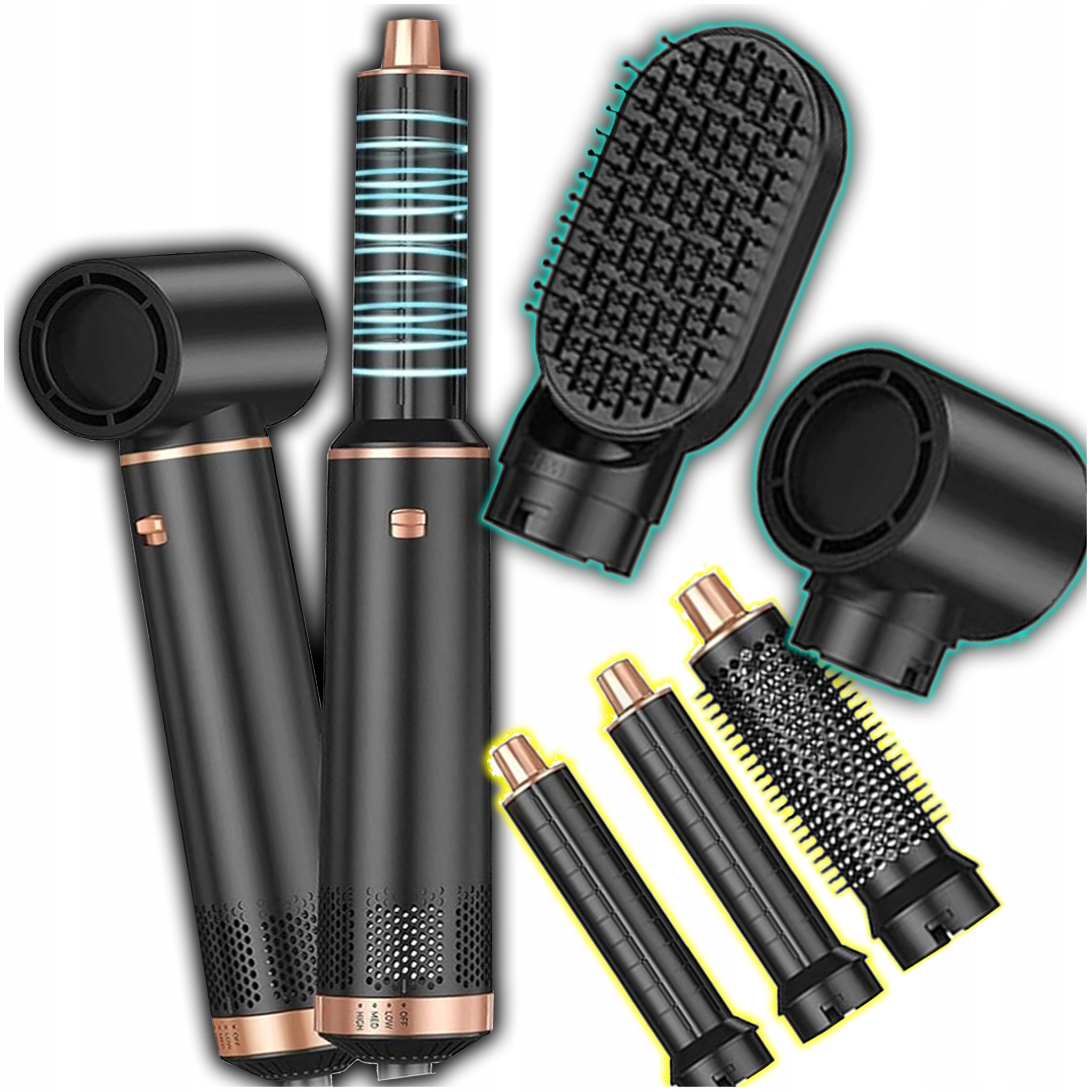 Vysoušeč vlasů 5v1 Kulma Narovnávací kartáč Ionizace Koncovky Rotace