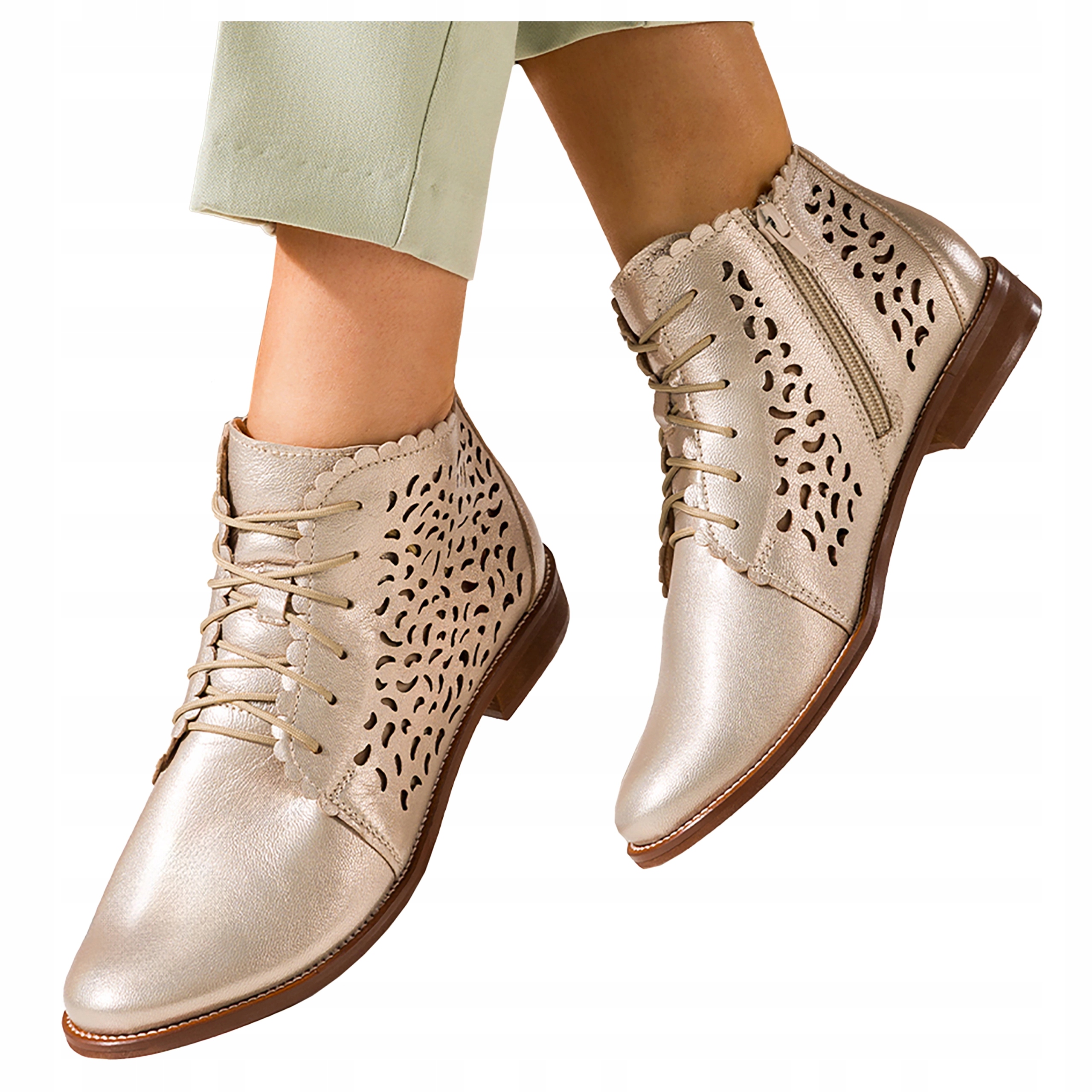 Kožené dámské kotníkové boty Jarní Zlaté Ažurové Šněrování Produkt Polský vel. 36