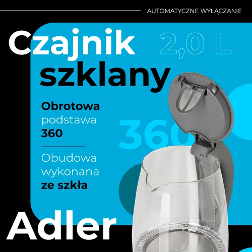 Czajnik Szklany Adler AD 1286 2,0L LED Obrotowa Podstawa 2200W