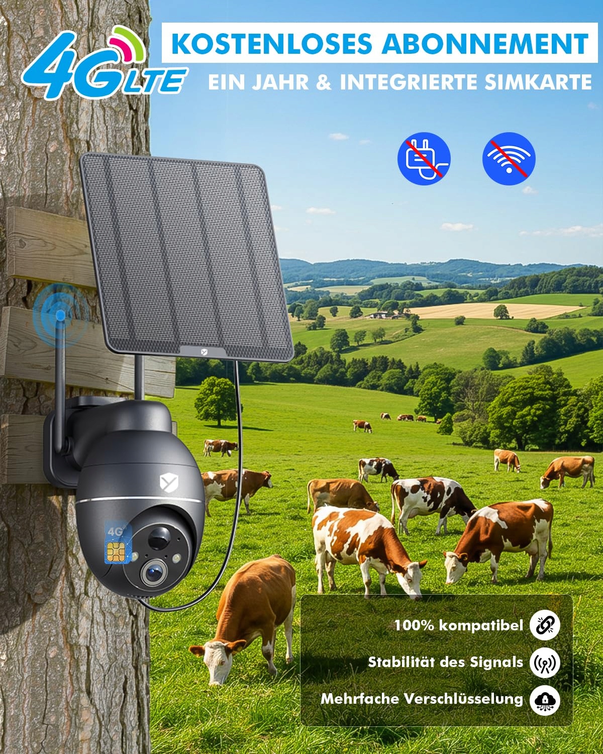 YESKANO Kamera Zewnętrzna 4G LTE z SIM i Solarnym Panelem 360° 2K 3MP — miniatura 2