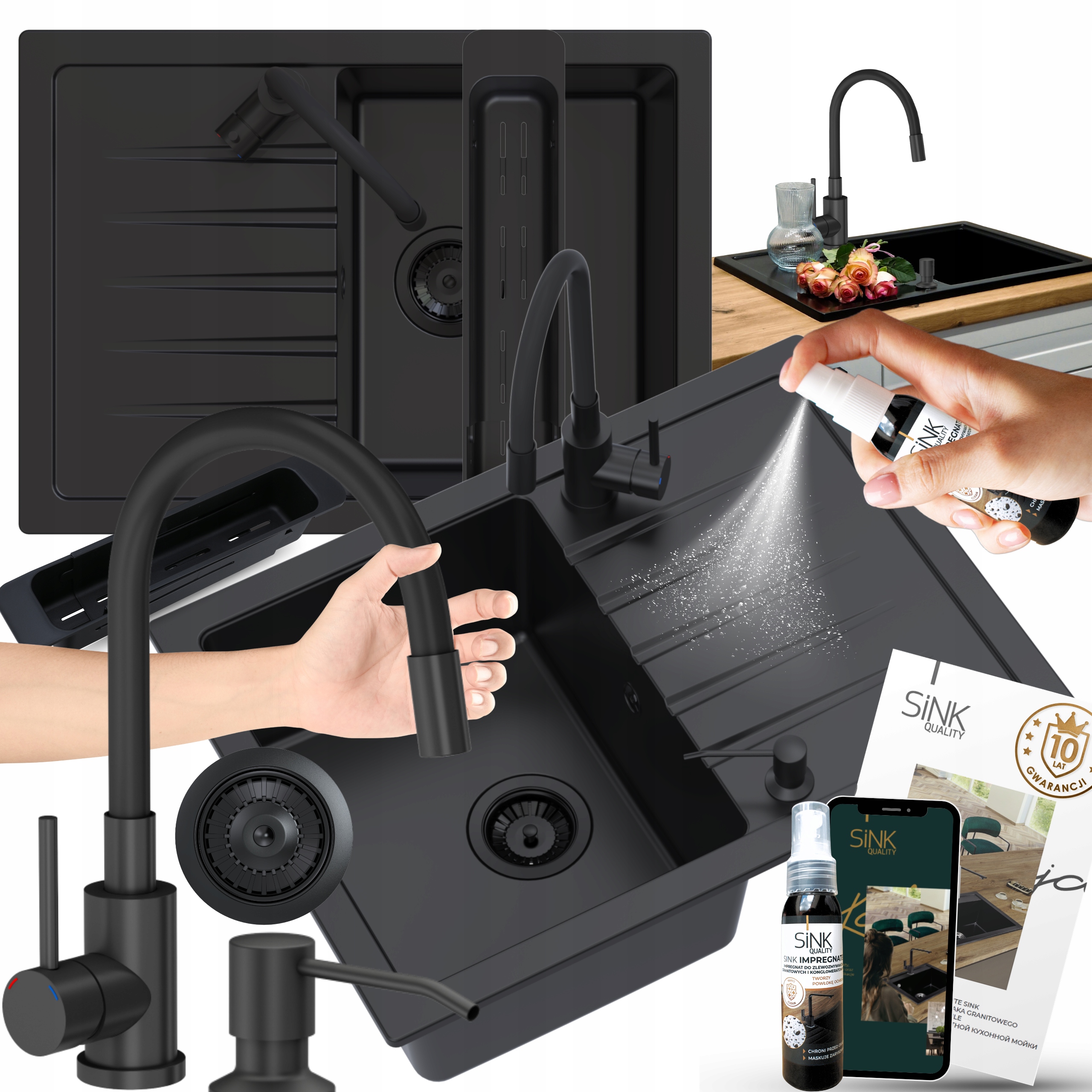 Set Granitový Dřez Černý Mat Baterie Sifon Dávkovač Odkapávač