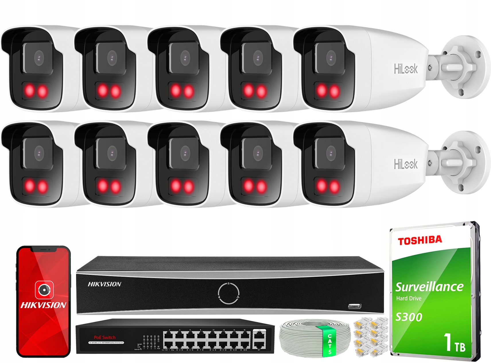 Sada pro monitorování Ip 10x Kamera 4MPx IPCAM-B4-50IR HiLook od společnosti Hikvision