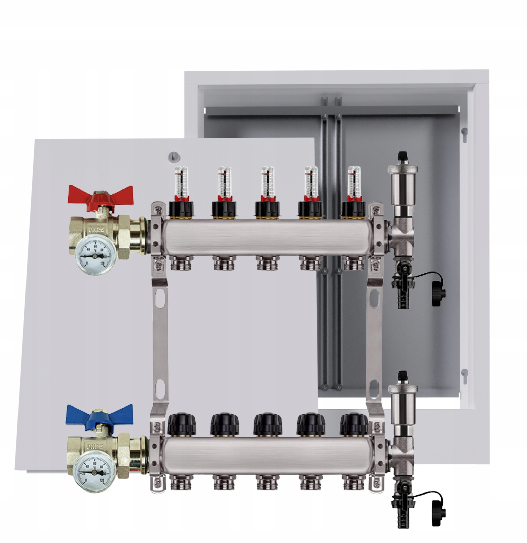 Nerezový rozdělovač podlah 5 okruhů nástěnná skříňka ventily