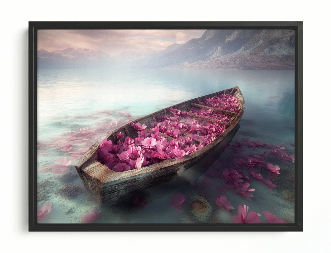 Obraz Rám Americká Krabička Hory Jezero Loď Loďka Květiny Sen Fantazie 80x60