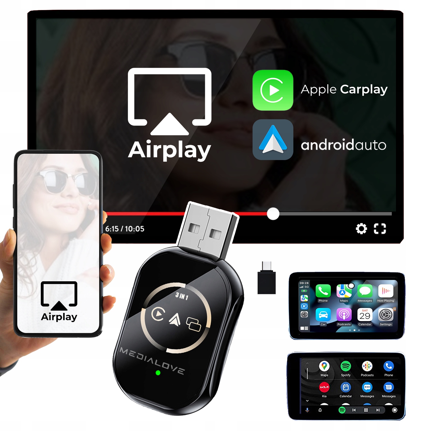 Mini Adapter moduł Bezprzewodowy Carplay Android Auto Airplay iOS 3w1