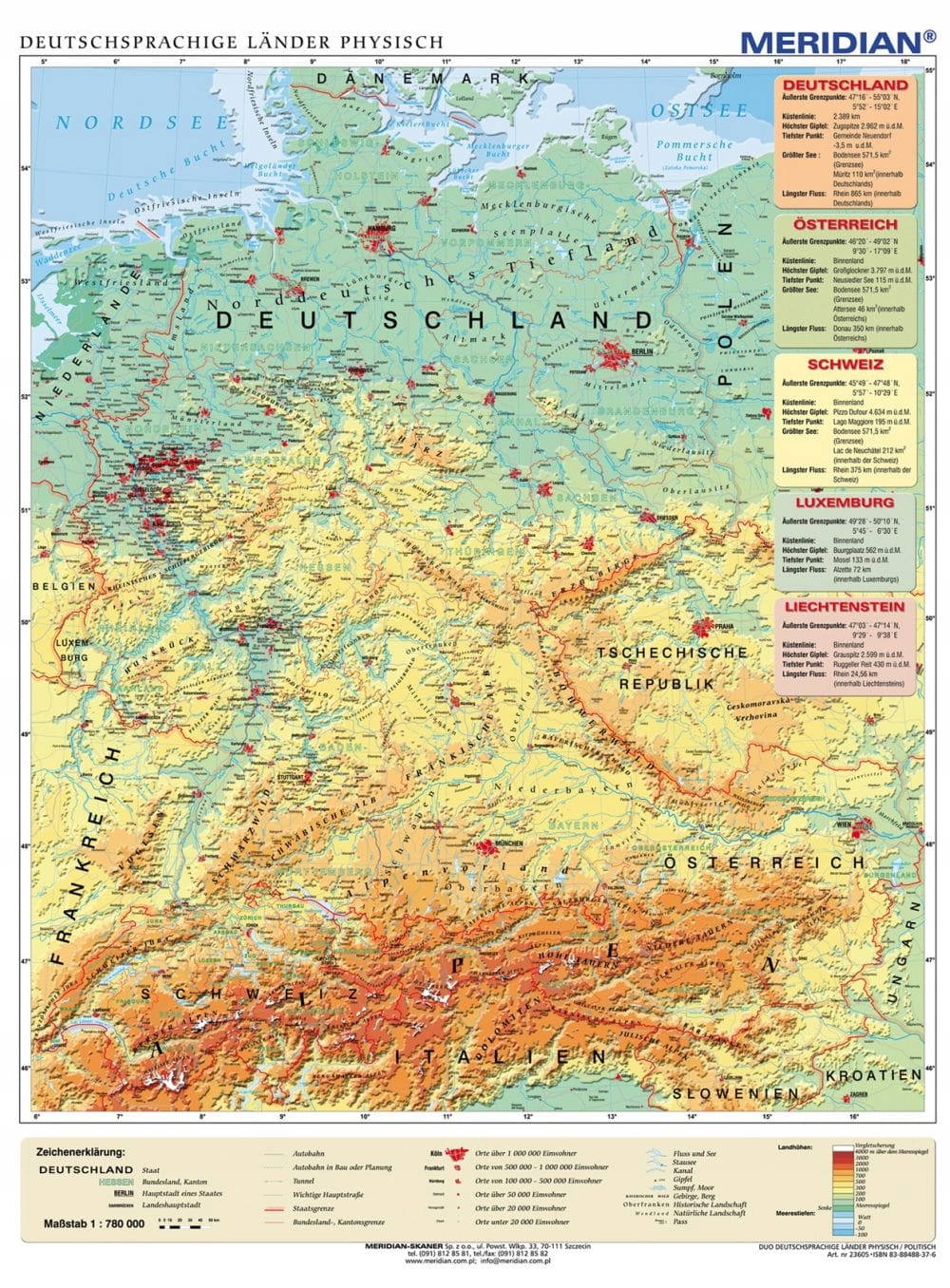 Kraje Niemieckojęzyczne Mapa Ścienna Fizyczna Mer