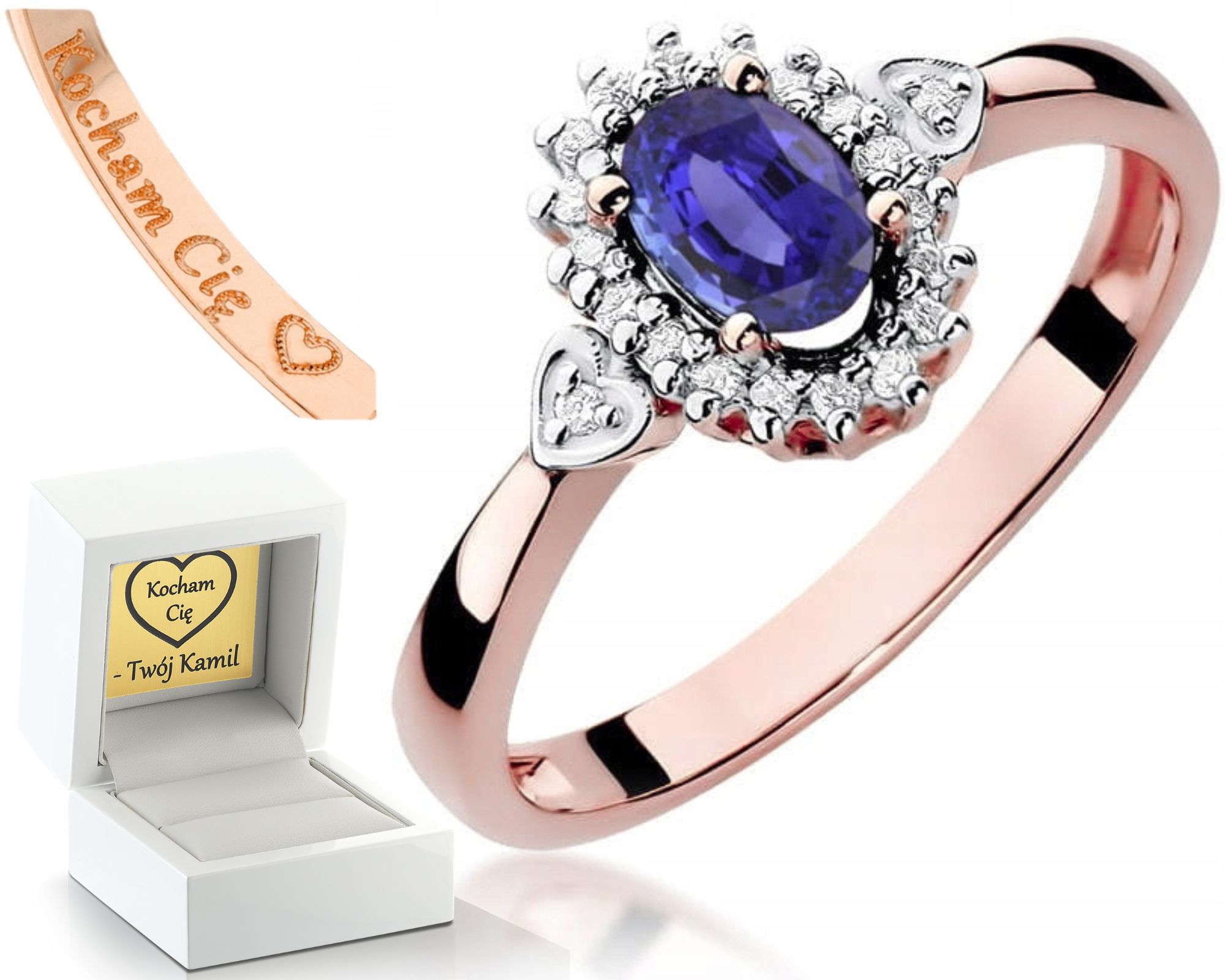 Zlatý Prstýnek S Tanzanitem, Brilianty, Růžové Zlato, Gravírování 585 Bonus