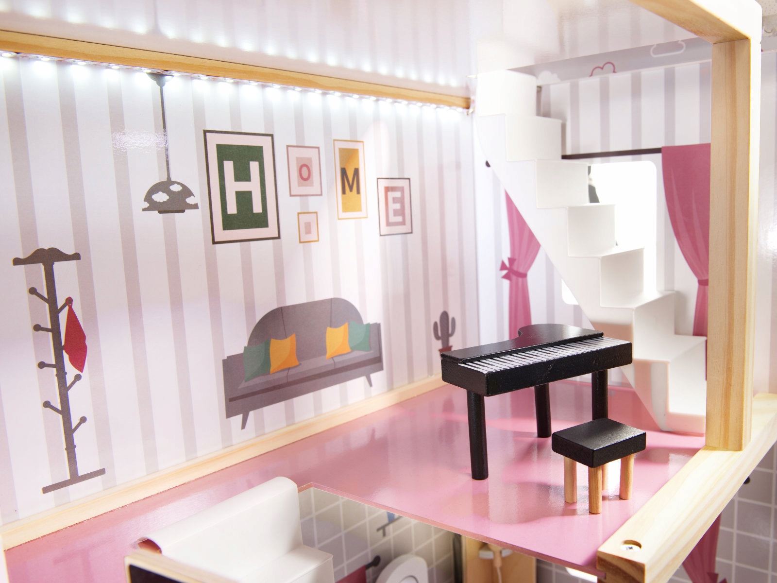 DOMEK DLA LALEK DREWNIANY MDF MEBELKI CZARNY LED Baterie 3 x AA