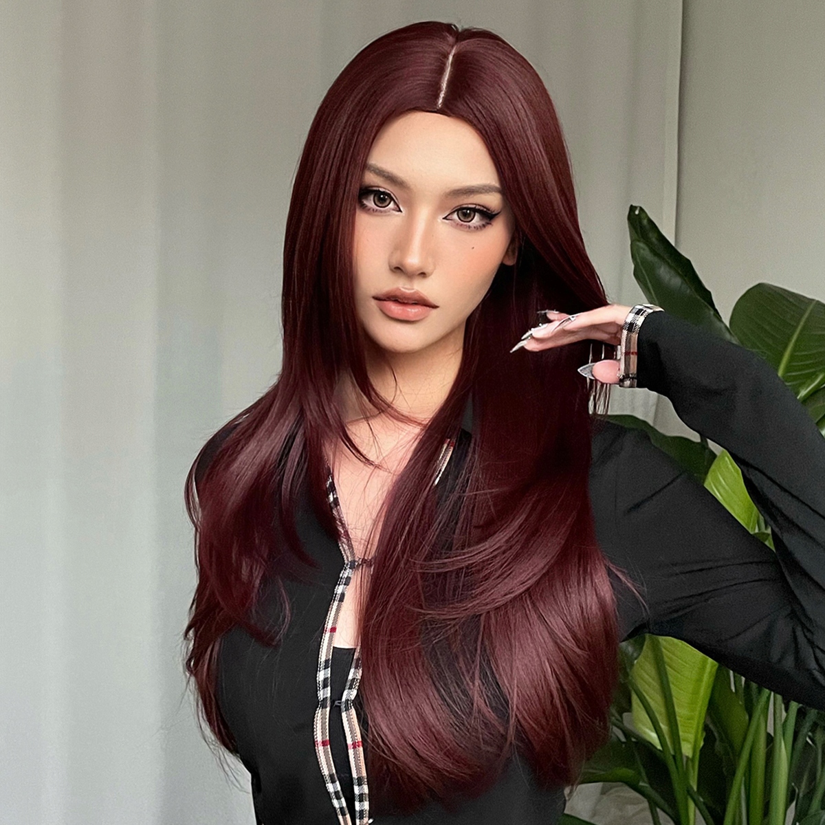 Dlouhá burgundská fialová paruka Page rovná