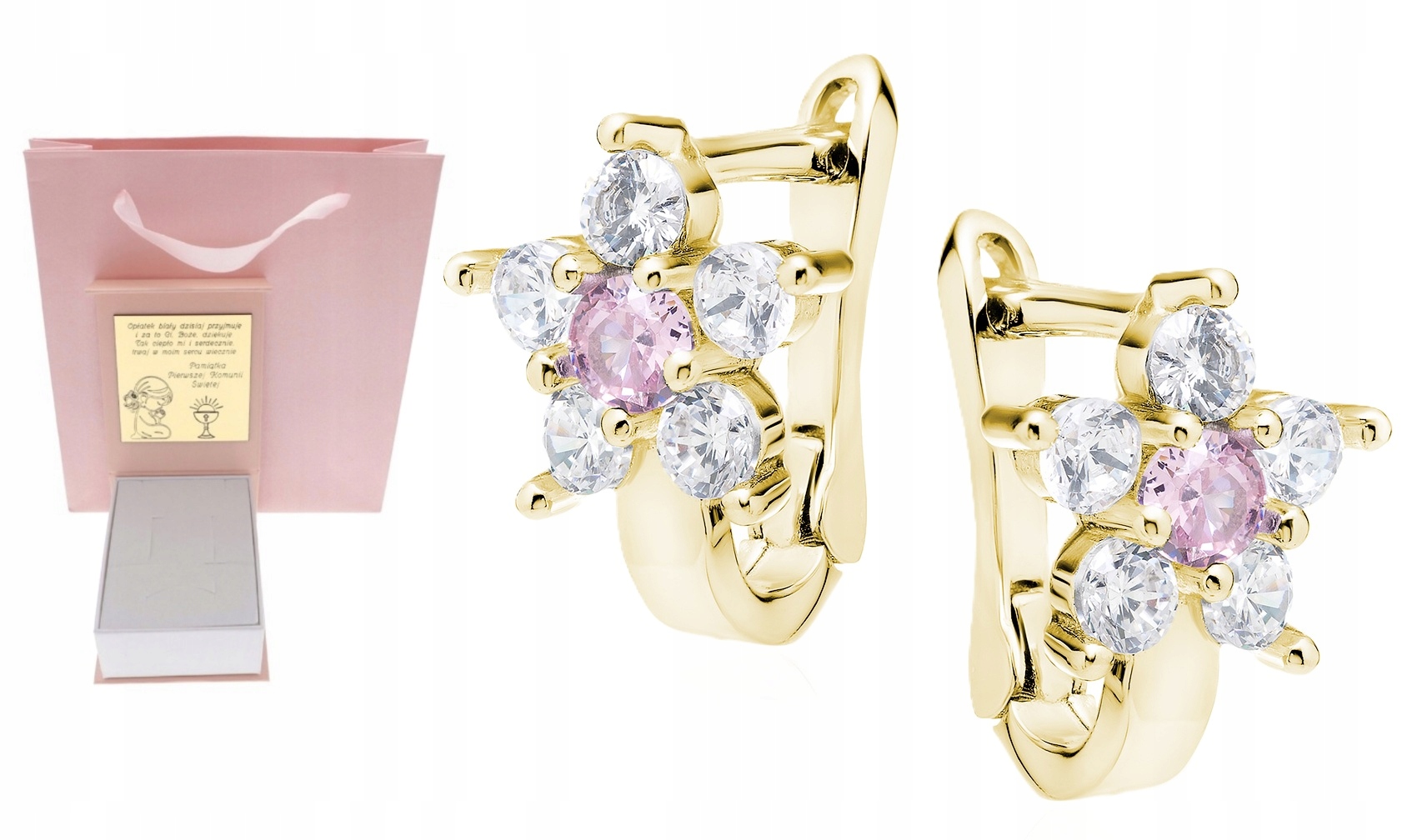 Zlaté náušnice anglické zapínání kytičky růžové Svaté Přijímání Křest GRAVÍROVÁNÍ925