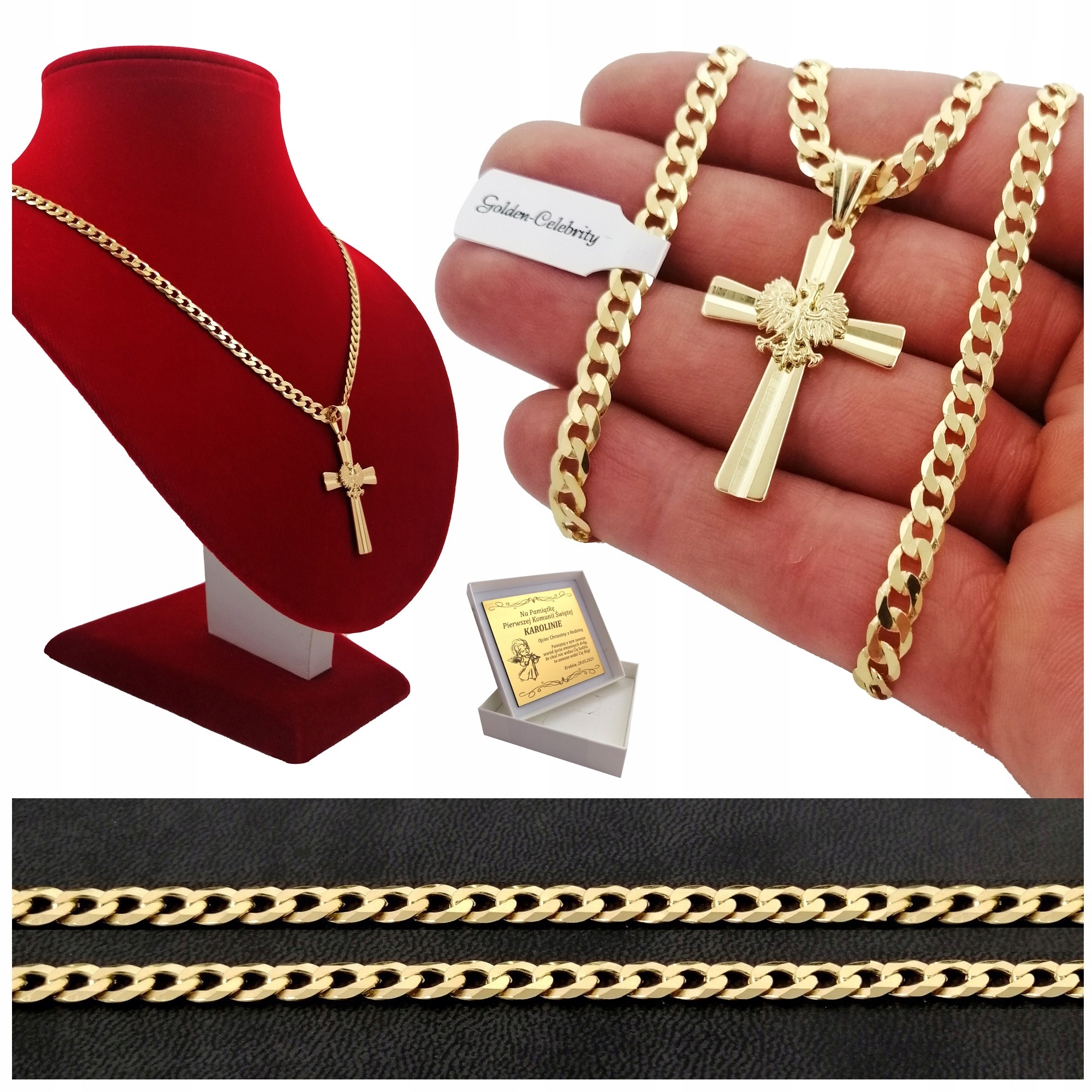 ZŁOTY ŁAŃCUSZEK PANCERKA + KRZYŻ ORZEŁEK 925 PREZENT DLA CHŁOPCA + GRAWER