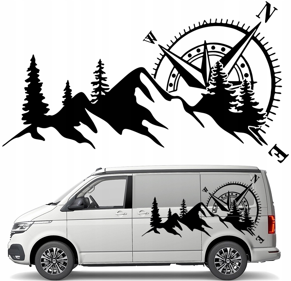 Samolepka Grafika na karavan přívěs Les Růže Větrů Kompas Hory 90x159