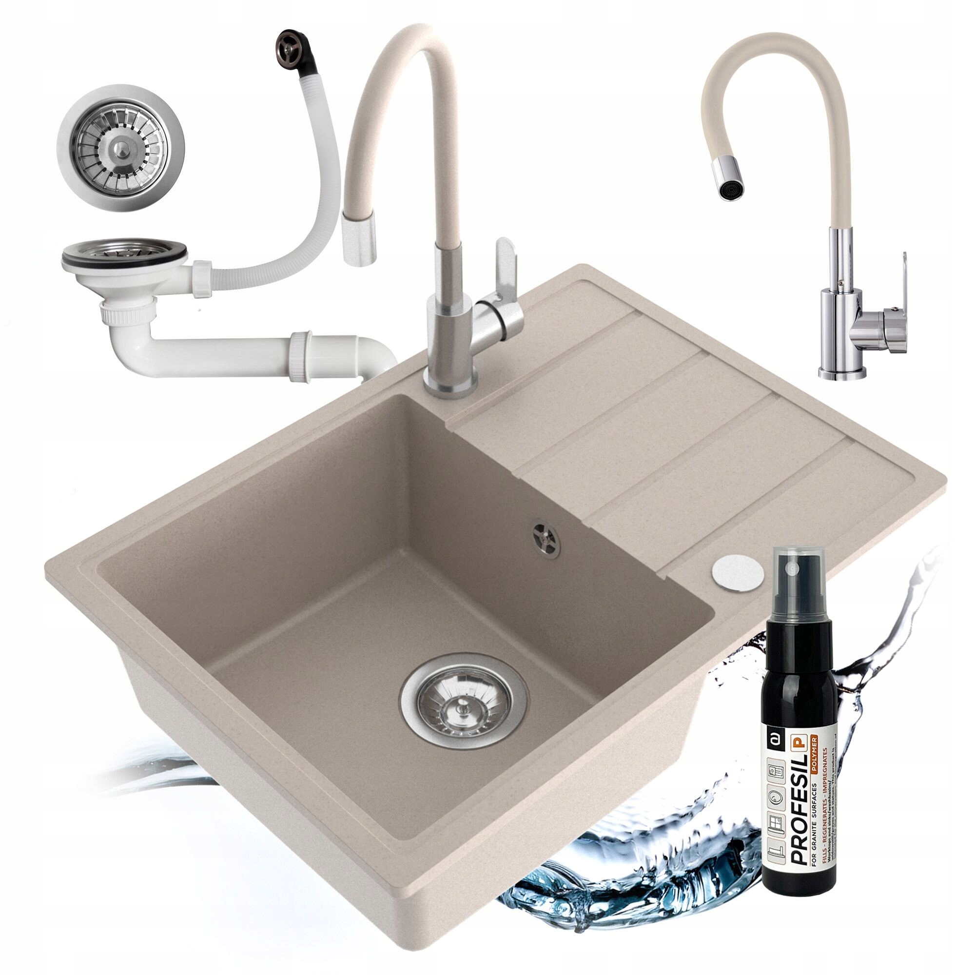 Granitový Drez Jednokomorový Metro Sada Batérií Flexibilný Sifón