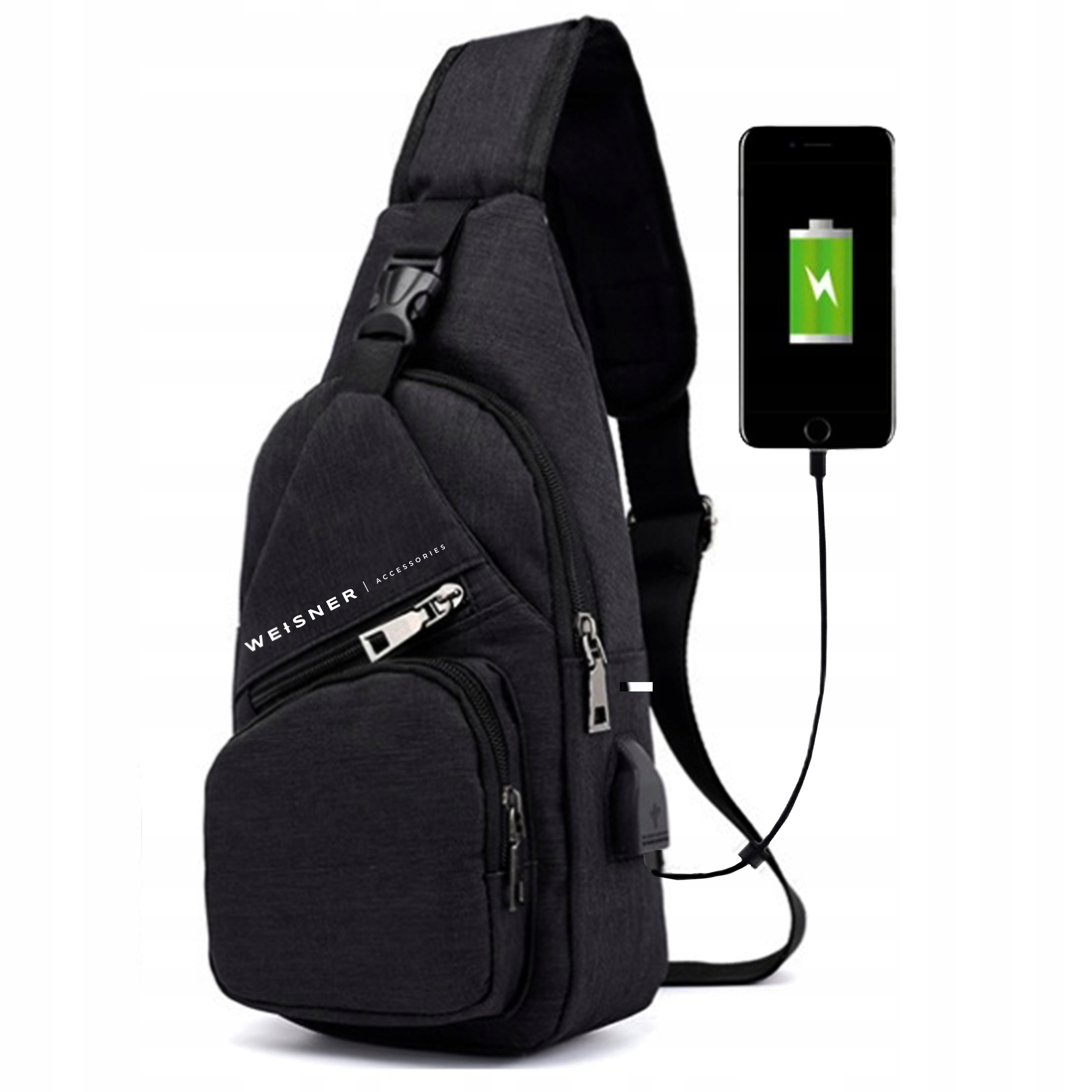 WEISNER CZARNA NERKA SASZETKA MĘSKA PLECAK NA RAMIĘ NERKA NA TELEFON USB