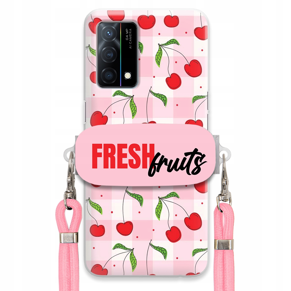 Puzdro pre Oppo K9 5G Držiak na šnúrku Ružový Fresh Fruits Mriežka Ovocie