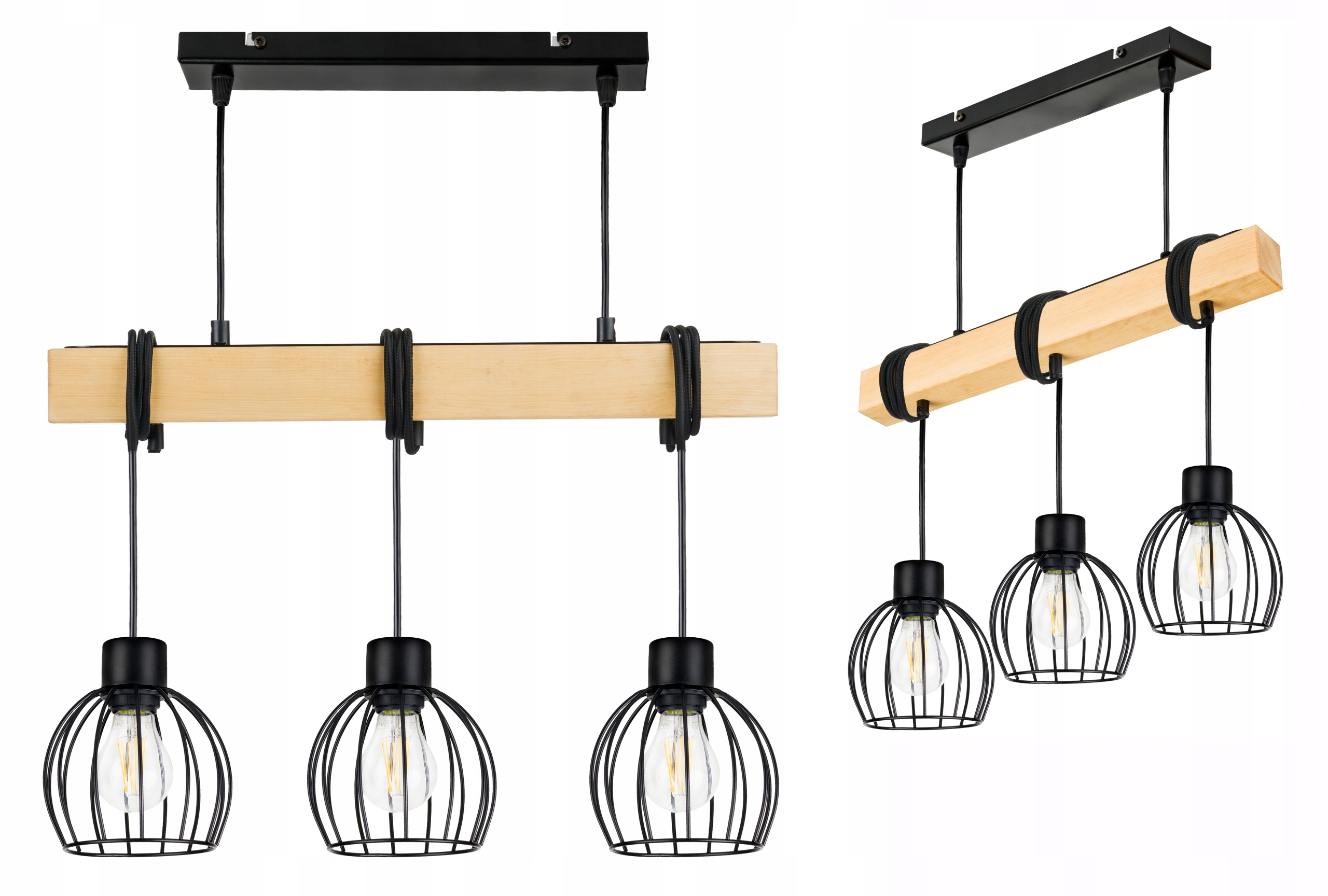 Dřevěná závěsná stropní lampa Lustr Zwis Loft Černý Drát 3xE27