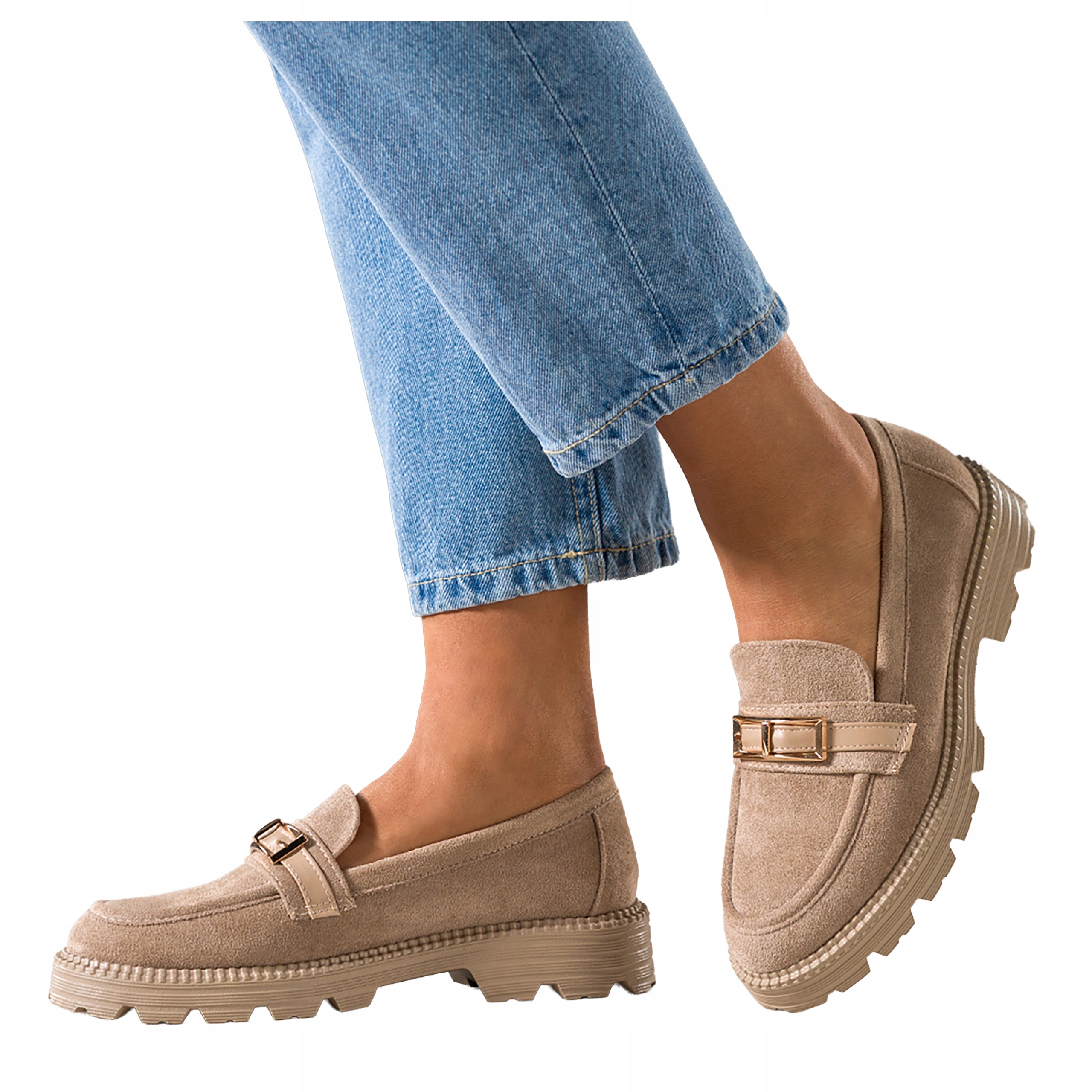 Mokasíny Béžové Dámské Polobotky Na Platformě Ozdobný Pásek s přezkou, velikost 40