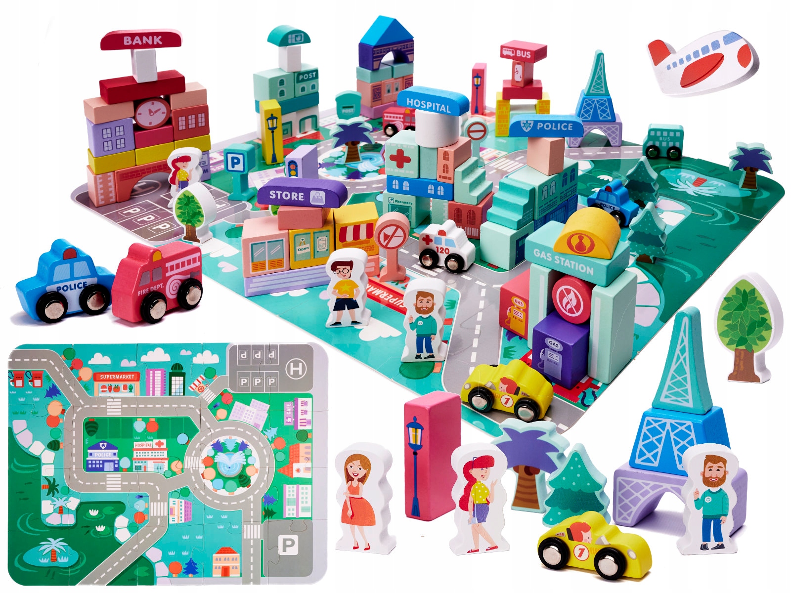 

Klocki drewniane edukacyjne miasto puzzle 128el.