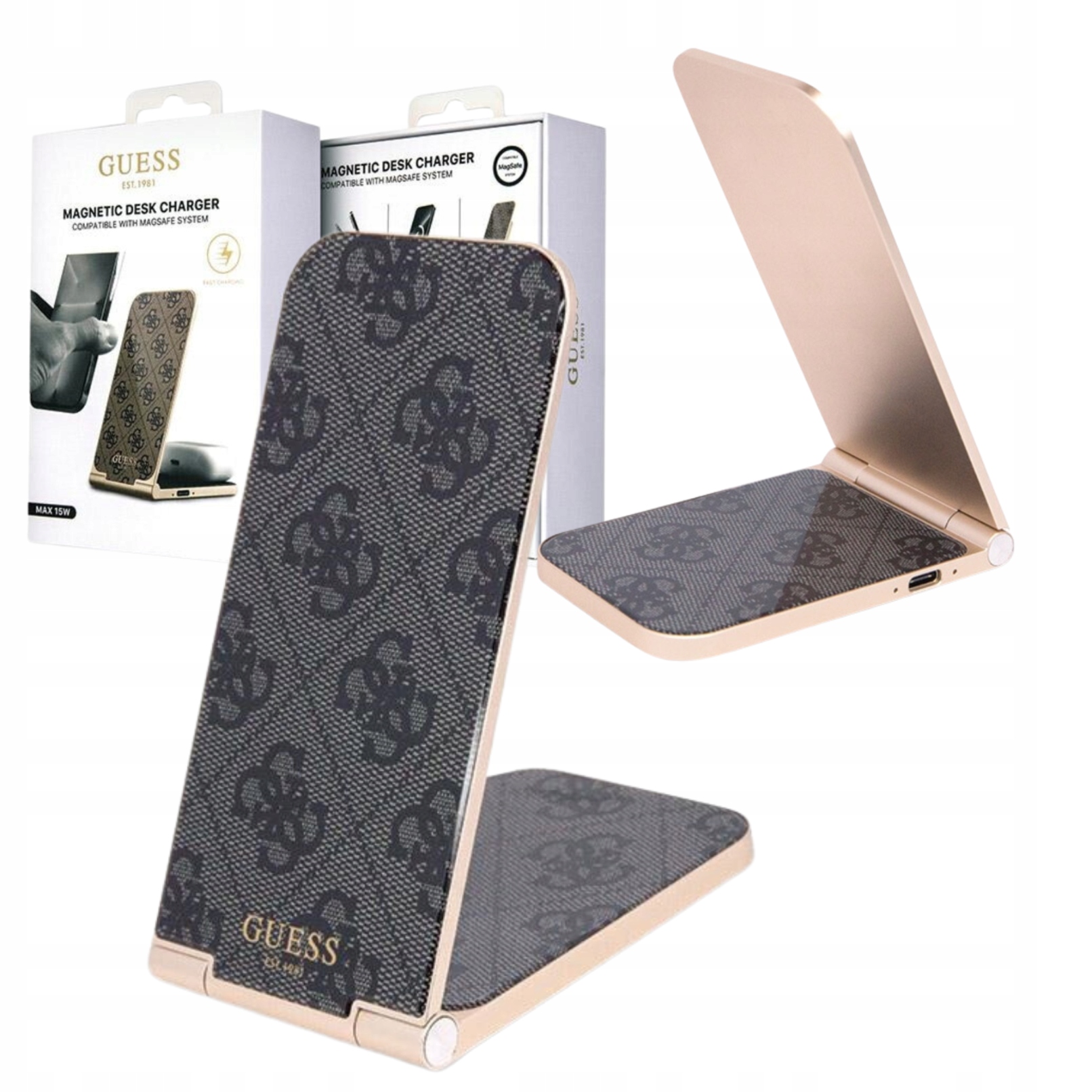 Składana ładowarka indukcyjna Guess 4G Pattern 2w1 15W do MagSafe i AirPods