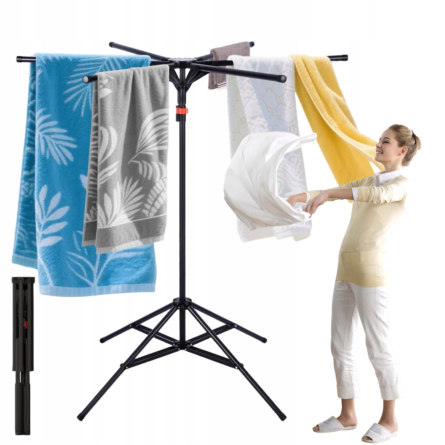 Levně Skládací Sušák Na Prádlo S 6 Rameny, Nastavitelný, 120-170 CM, Černý