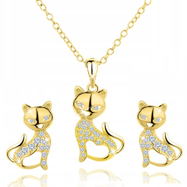 Stříbrná souprava šperků pro dívky kočičky, pozlacené stříbro 925