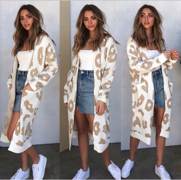 SWETER DAMSKI KARDIGAN DŁUGI PANTERKA BEŻOWY Marka inna