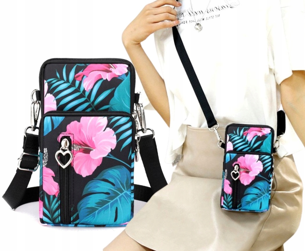 Torebka na telefon miejska czarna PORTFEL KOPERTÓWKA 2W1 kwiaty damska Cechy dodatkowe breloczek kieszonka na telefon