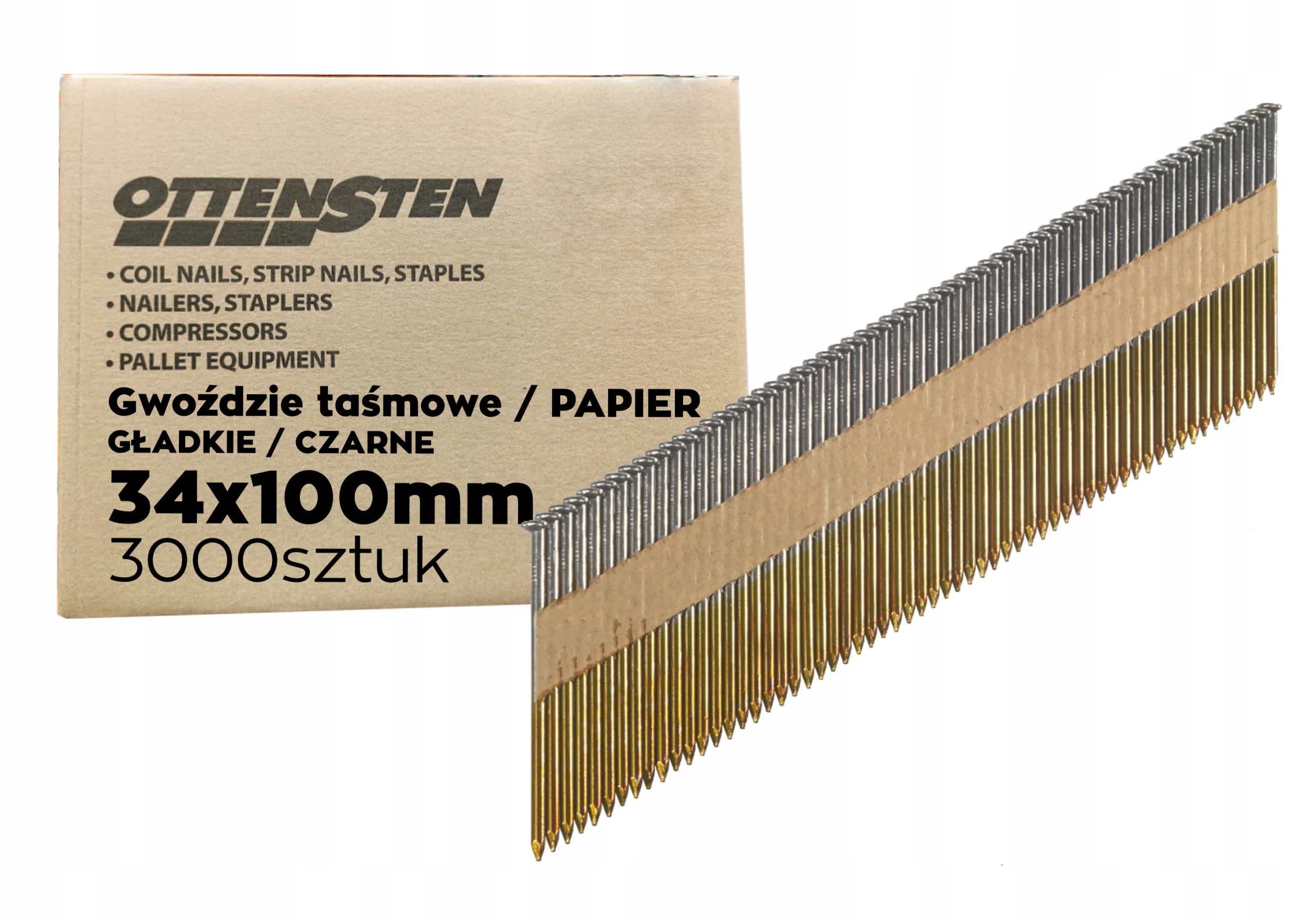 GWOŹDZIE na taśmie papier 3,4x100mm 3TYS gwoździarka gładkie czarne
