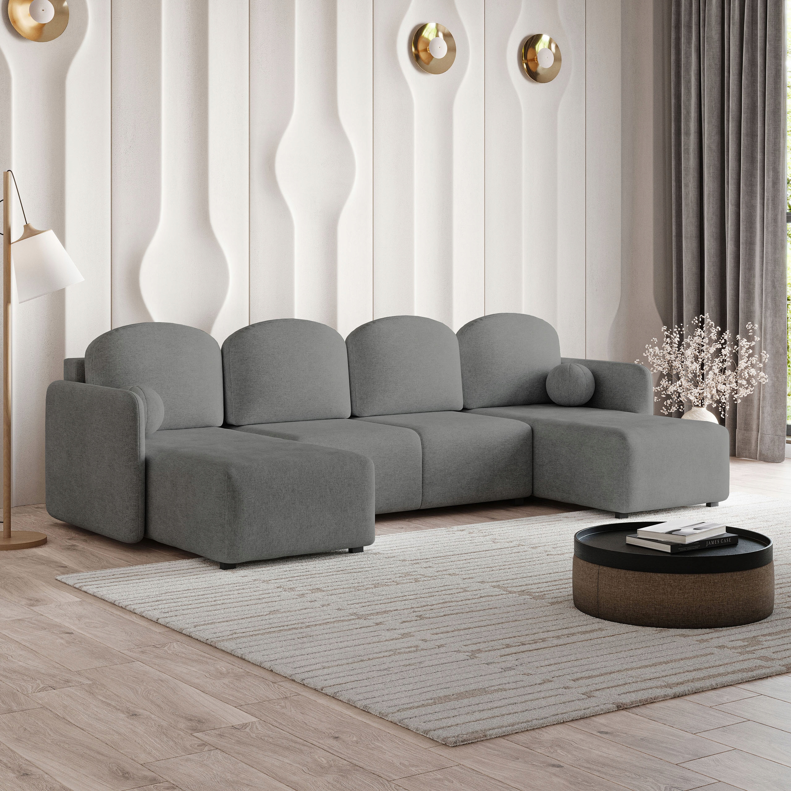 Rohová Sedací Souprava Nubero Funkce Spaní Moderní Pletená tkanina Šedá