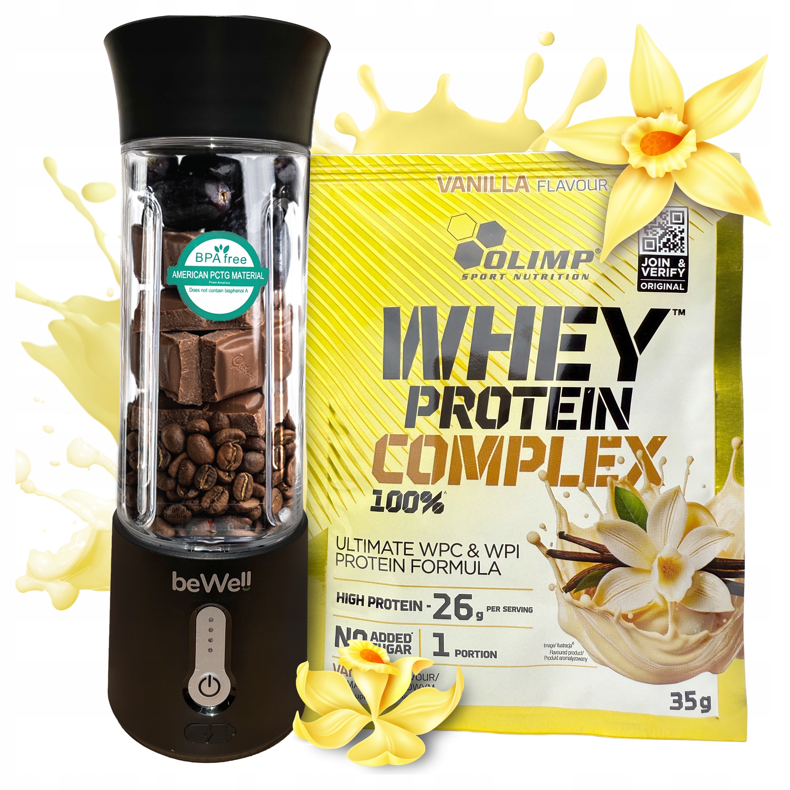 Kalichový mixér Přenosný bezdrátový beWell na Usb, protein Olimp Wpc