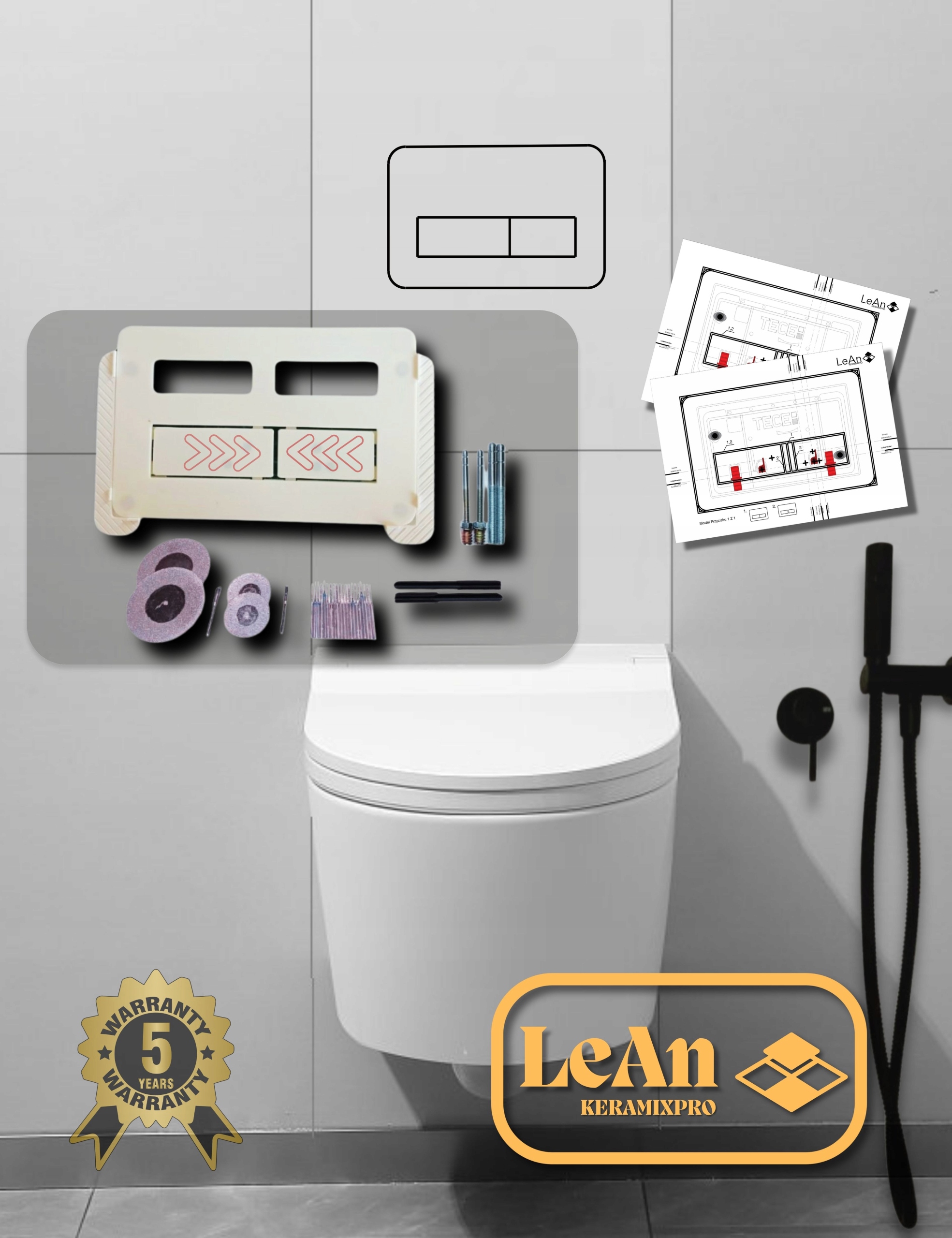 Skrytý splachovací gombík, úzky, biely, pre svetlé dlaždice