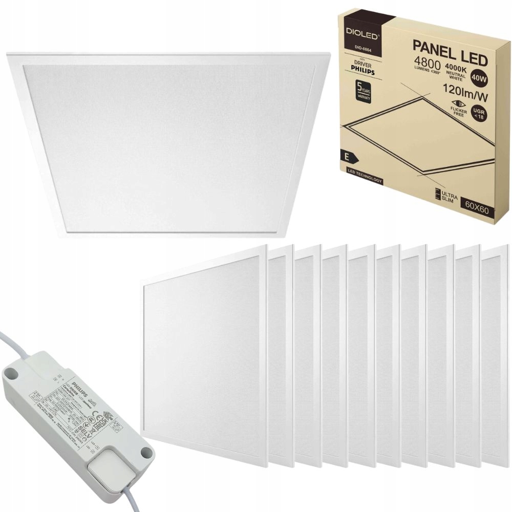 10x Panel Led niemrugający 60cm 40W 4000K 4800lm Urg: <18 zasilacz Philips