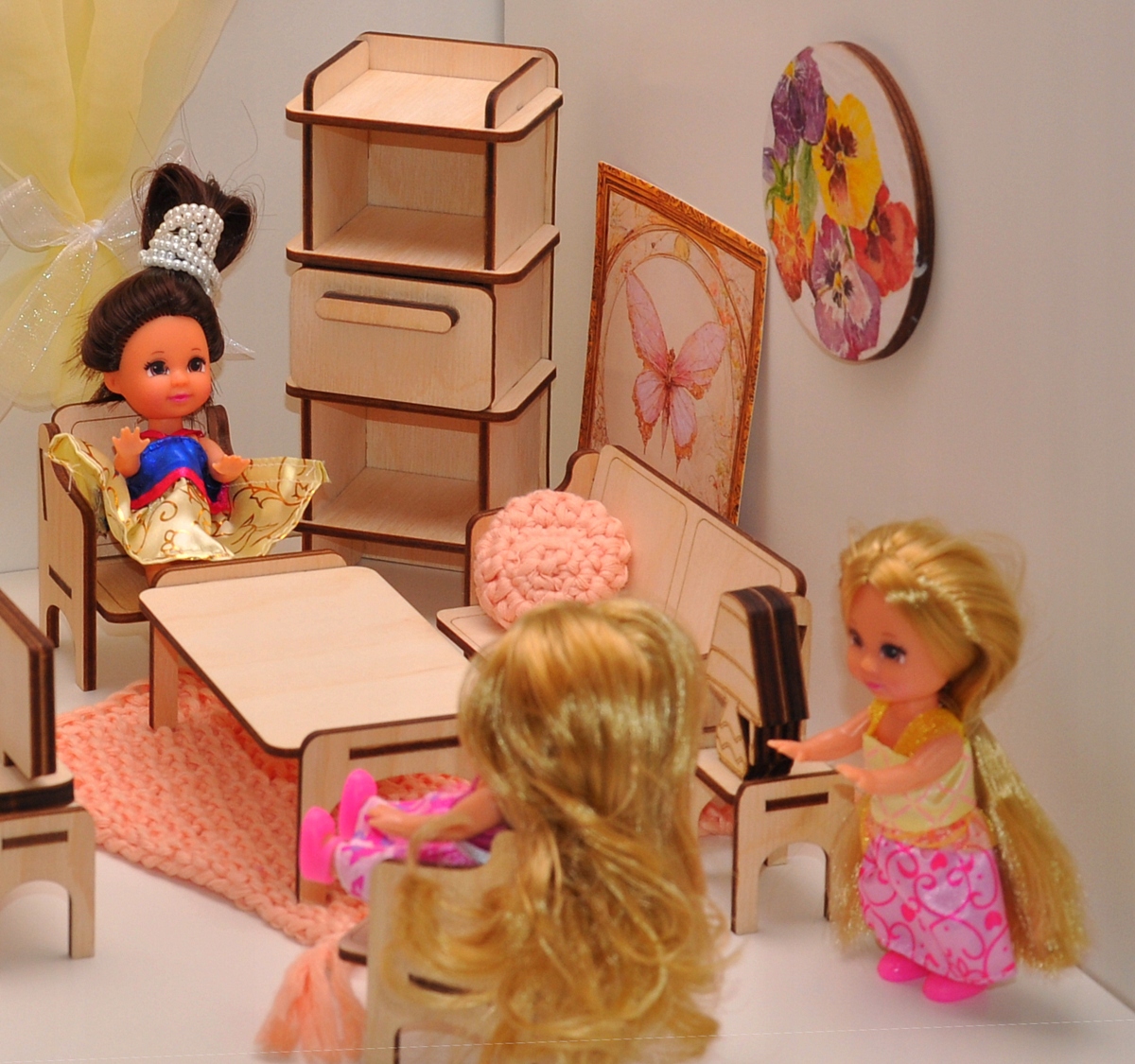 MEBELKI RÓŻOWE ZE SKLEJKI DLA LALEK MEBLE DO SALONU DO DOMU DLA LALEK Płeć chłopcy dziewczynki