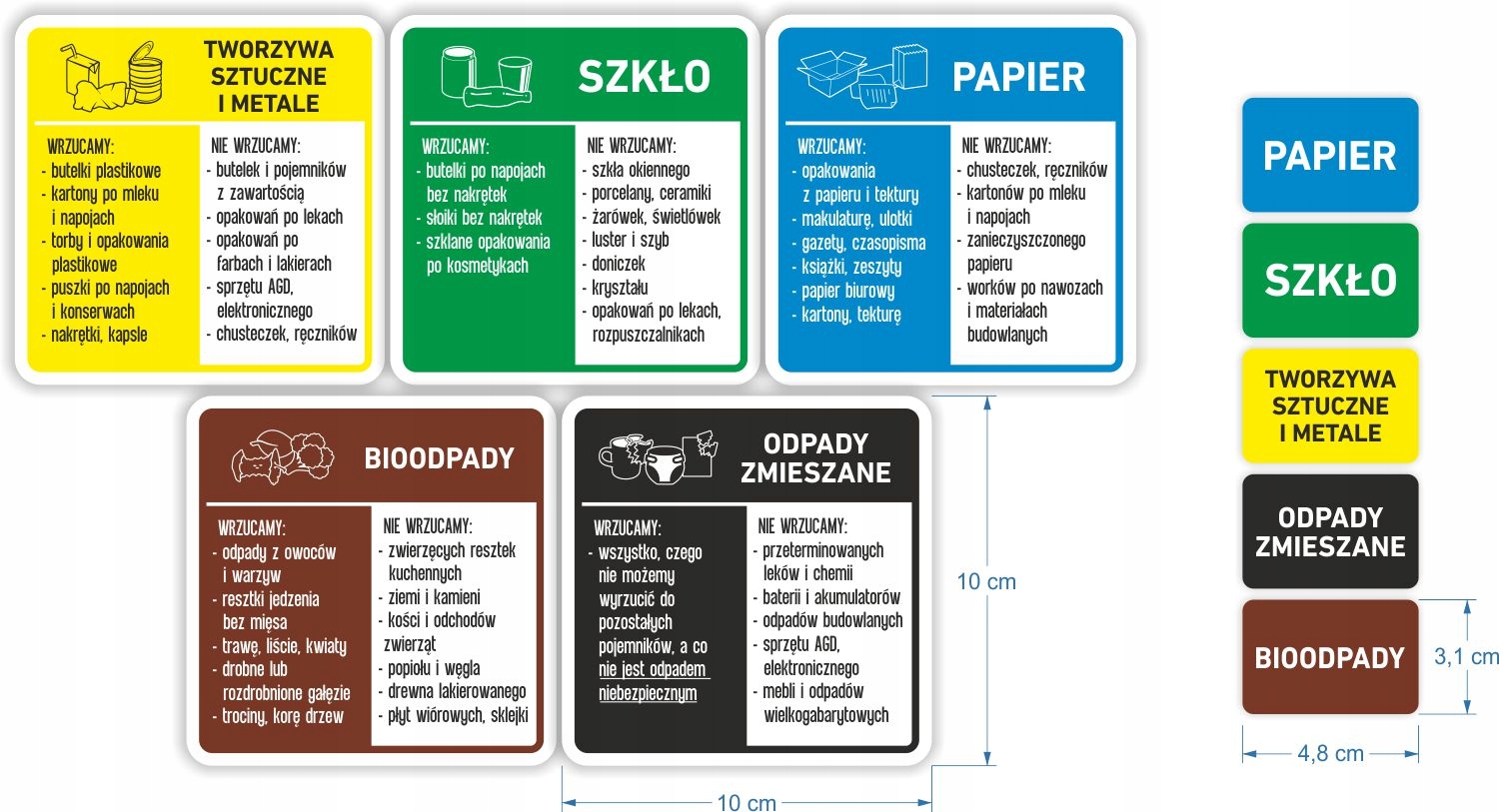 Kwadratowe naklejki nalepki na kosze do segregacji śmieci zestaw Stan opakowania oryginalne