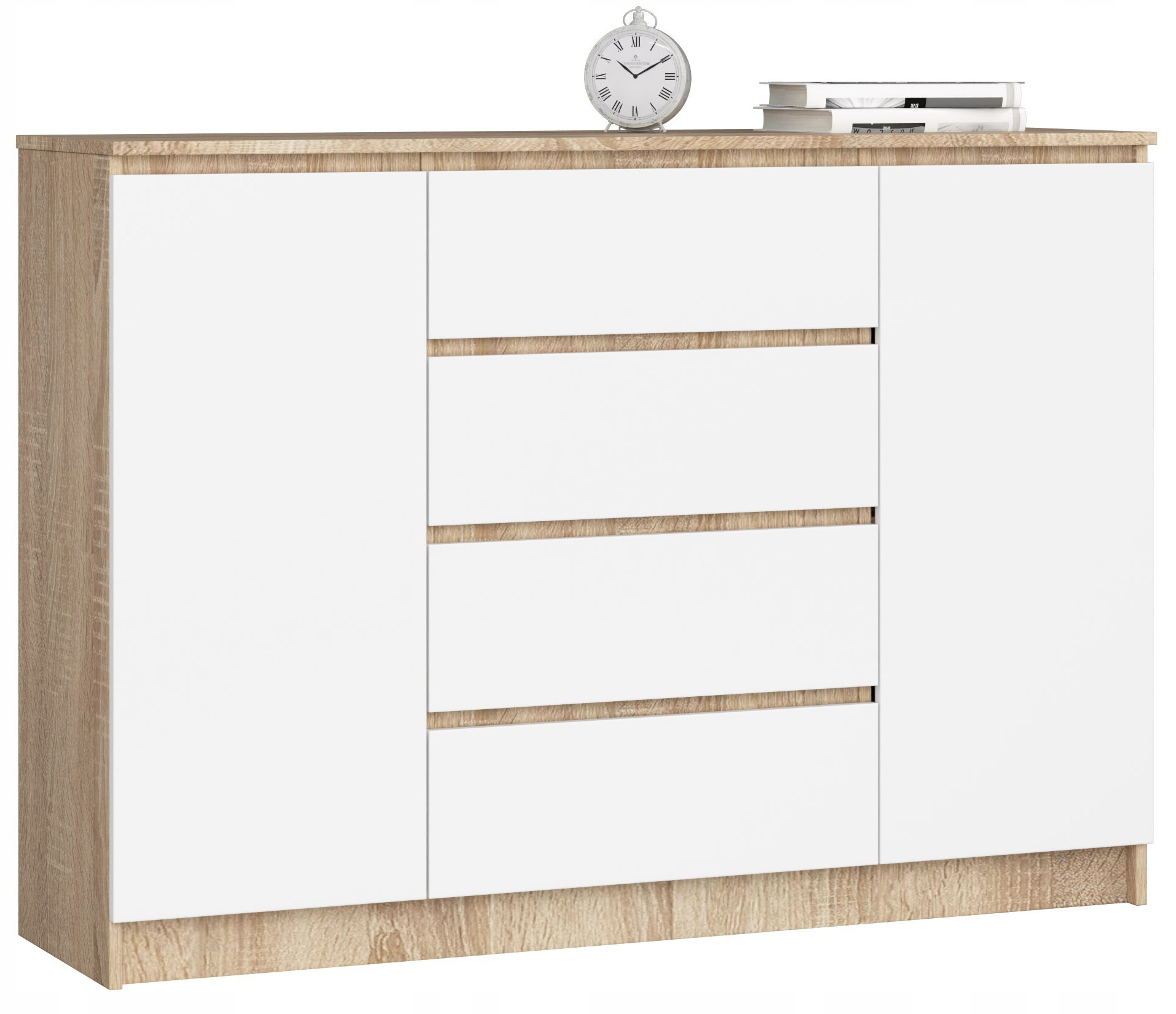 Komoda duża z półkami 140 cm 2 drzwi 4 szuflady pojemna Dąb Sonoma Biała