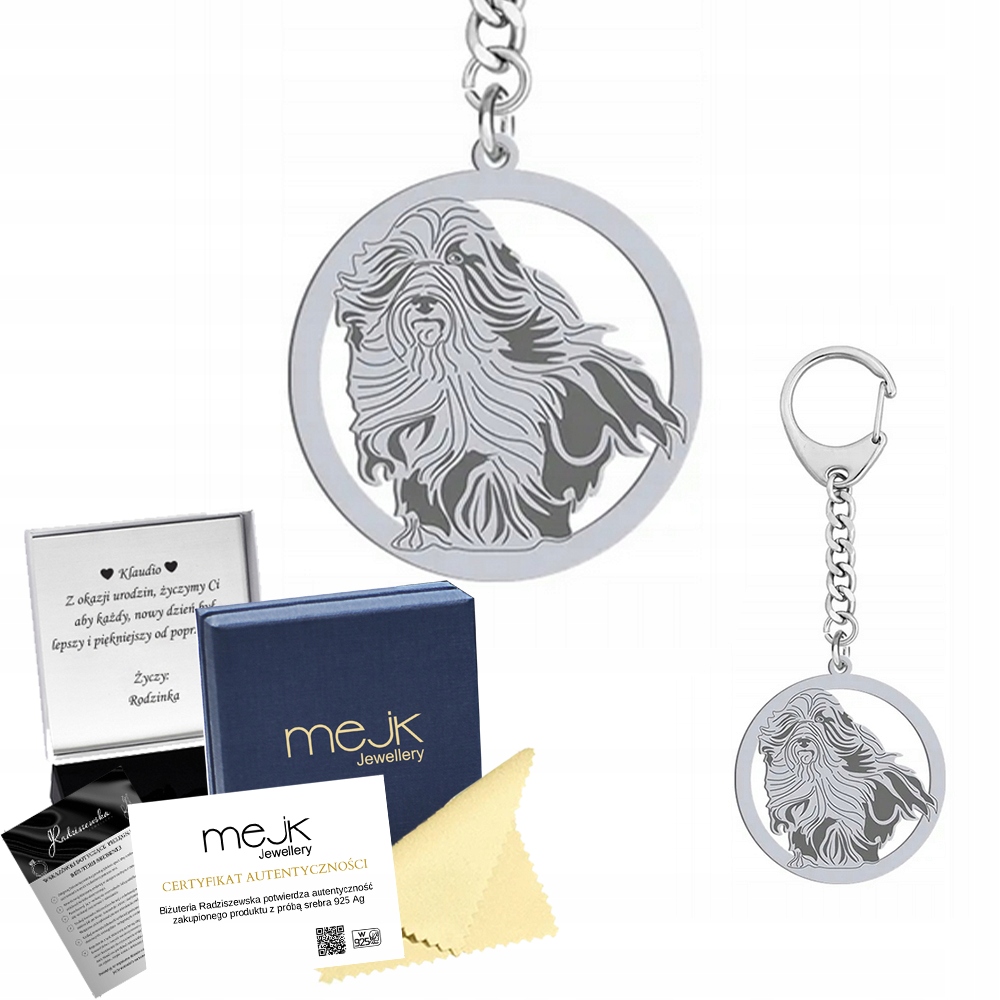Přívěsek Na Klíče Stříbrný s pejskem Bearded Collie 925 Dárek Šperky Gravírování Bonus