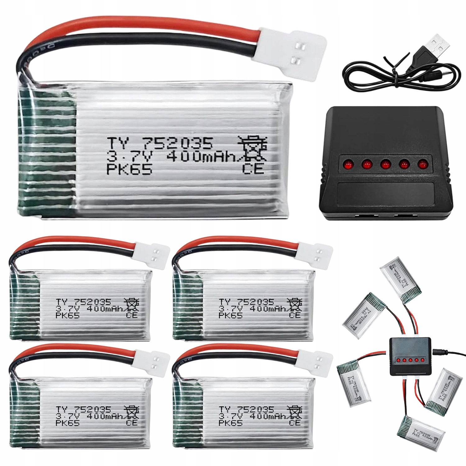 5 x lithiové baterie 3,7 V 400 mAh s nabíječkou pro Rc drony Hubsan H99W H31