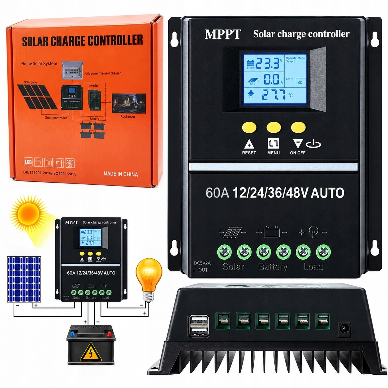 Solární regulátor nabíjení Mppt 60A LCD 12/24/36/48V Usb SY-4860A