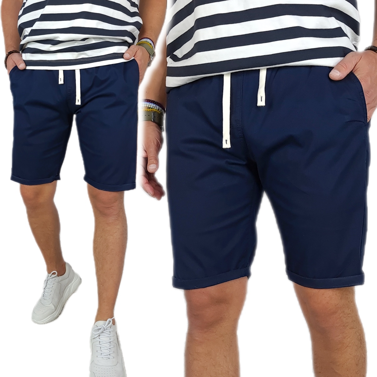 Krátké Kraťasy Pánské Klasické s Gumou Tmavě Modré látkové módní S