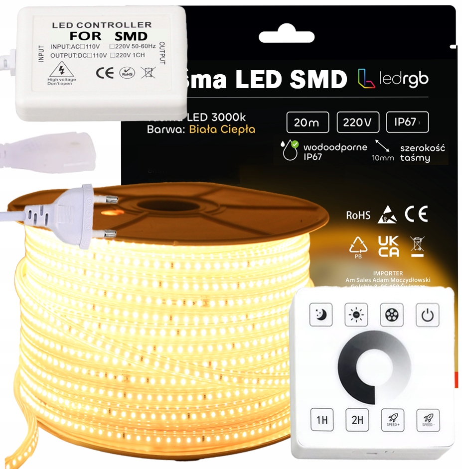 Set Led pásek Smd 230V 20 m 3000K Bílý Teplý Stmívač Dálkový Ovladač Rf IP67