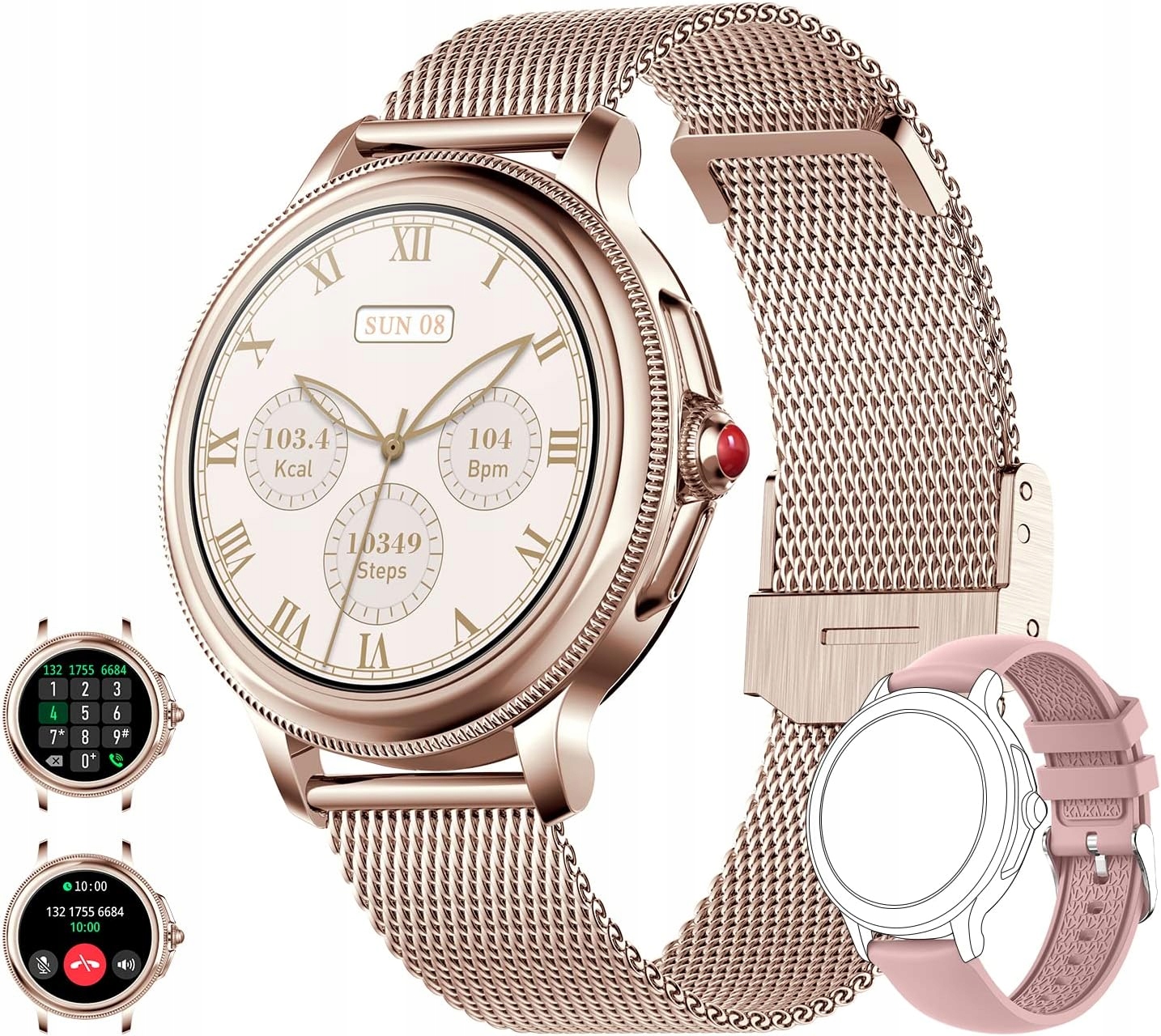 Smartwatch 1,2" Hd iOS Android Bluetooth Tepový Krokomer 2 Prúžky Zlatý